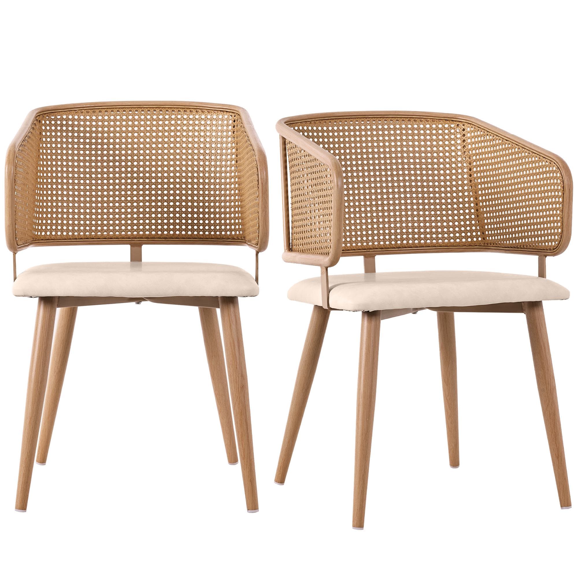 Ensemble de 2 chaises de salle à manger avec dossier en rotin, coussin de siège en cuir PU, 51×54×79 cm, Beige Brown