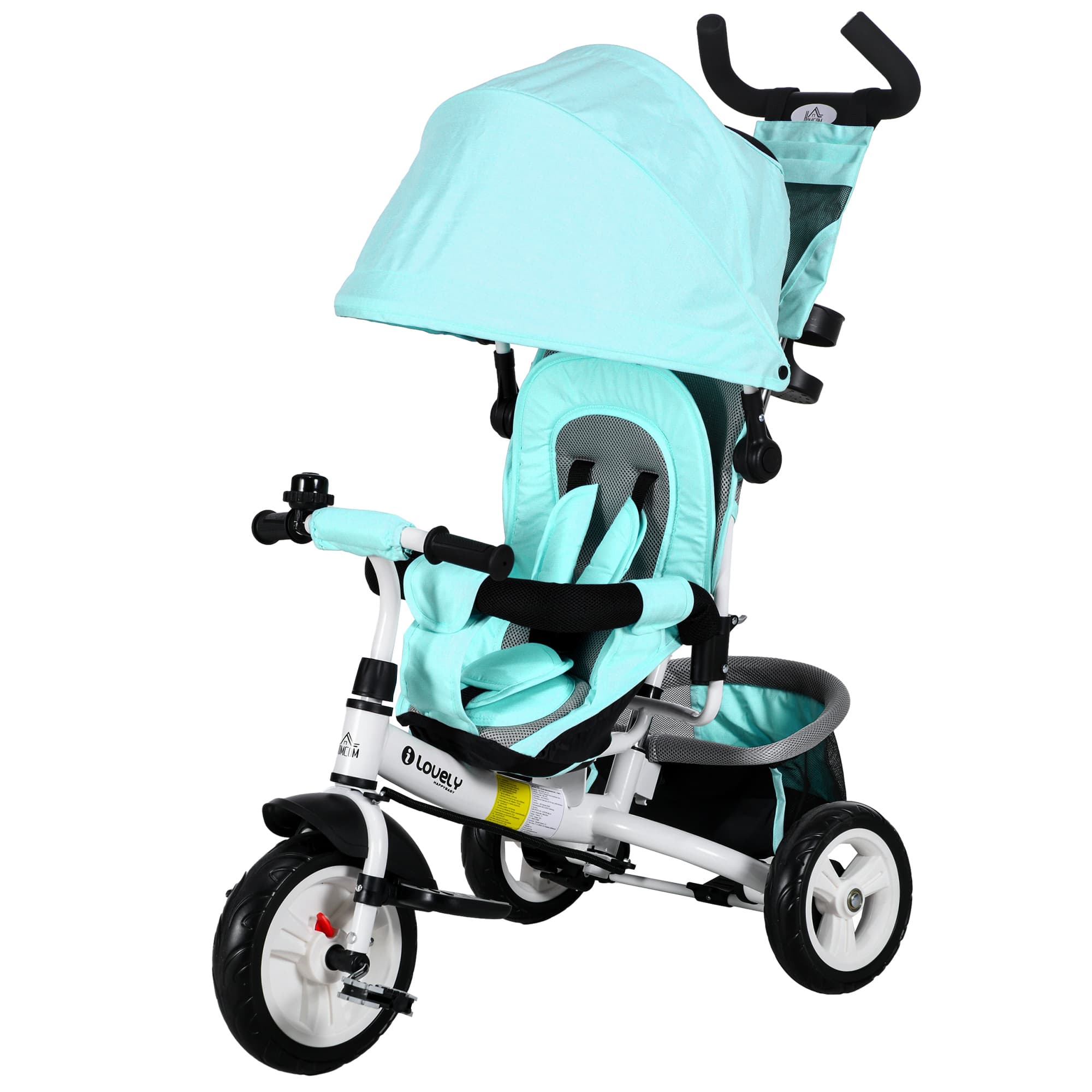 HOMCOM Tricycle pour Enfants, Vélo pour Enfants, Panier Arrière, Porte-Gobelet, Auvent, Cadre Métallique, Vert