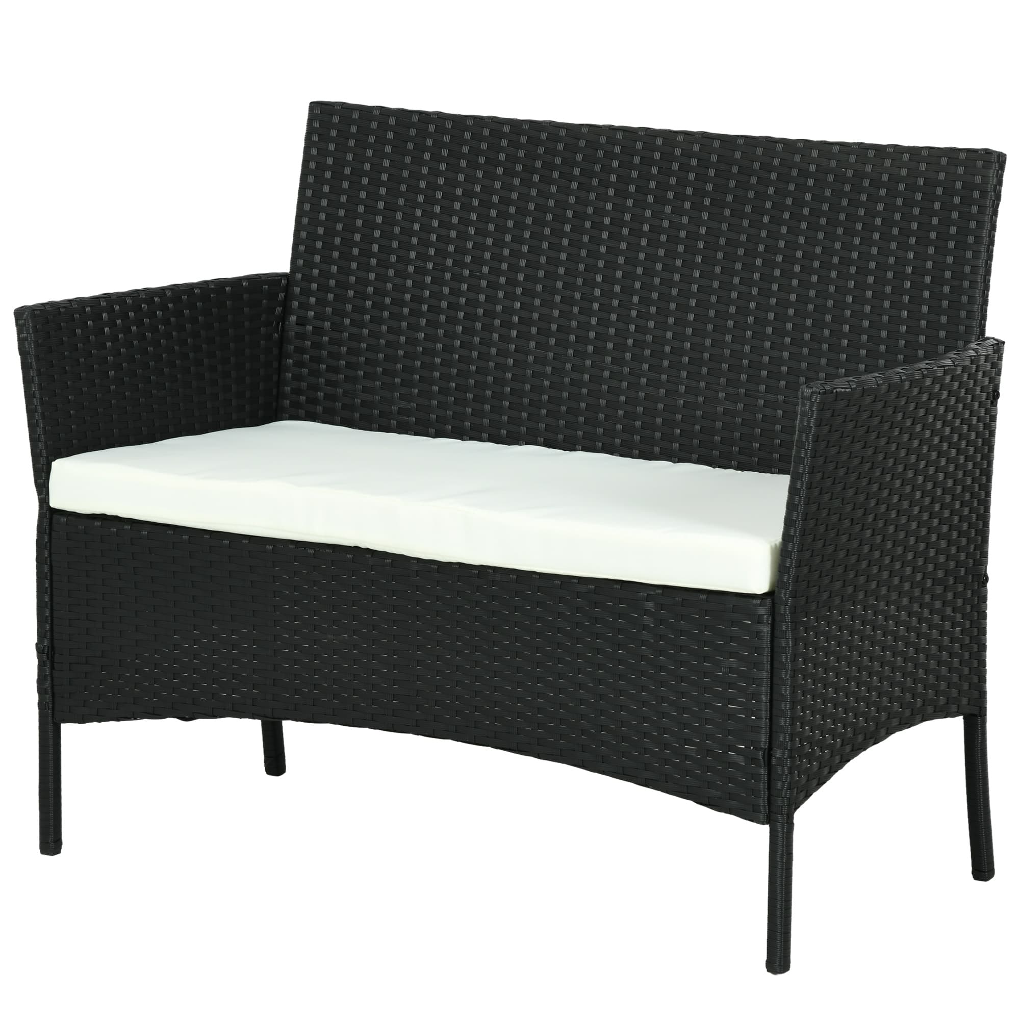 Outsunny Canapé de Jardin à 2 Places avec Coussin et Accoudoirs en Rotin PE et Acier, 100x54x80cm, Noir