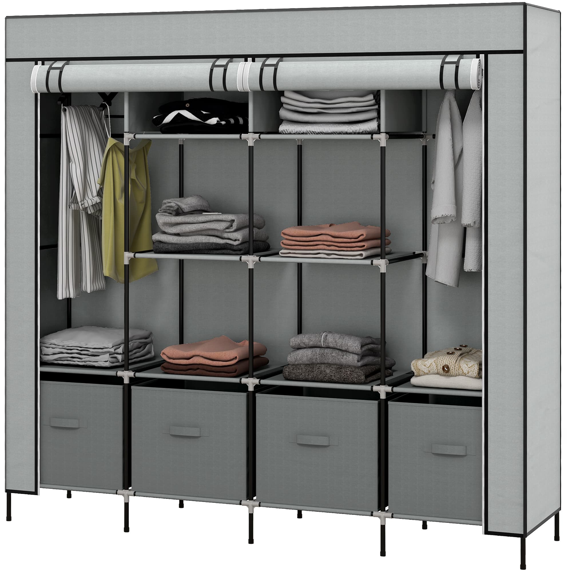 HOMCOM Armoire en tissu Dressing, Portes, 2 tringles à vêtements, 10 compartiments, Gris