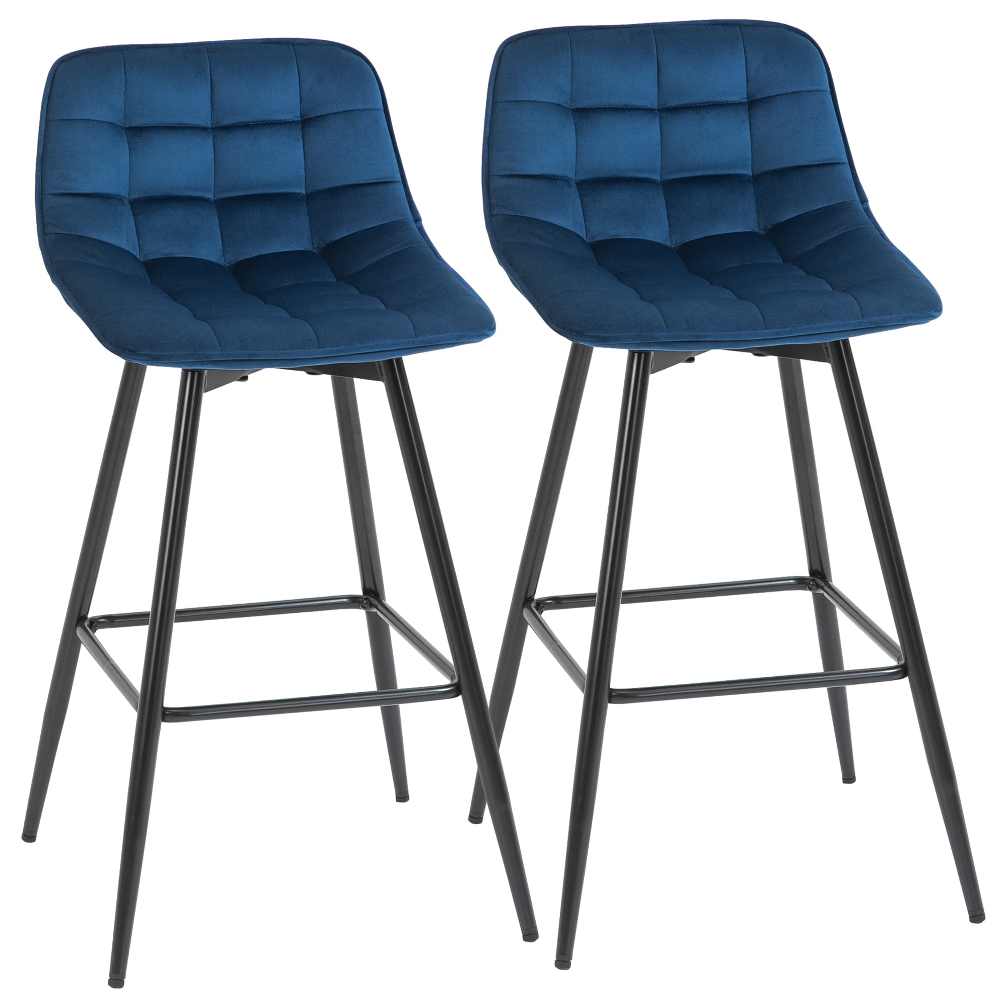 HOMCOM Ensemble de 2 Tabourets Hauts de Style Nordique avec Dossier et Repose-Pieds, Tabourets avec Dossier en Tissu Effet Velours et Métal, 45x47x88 cm, Bleu