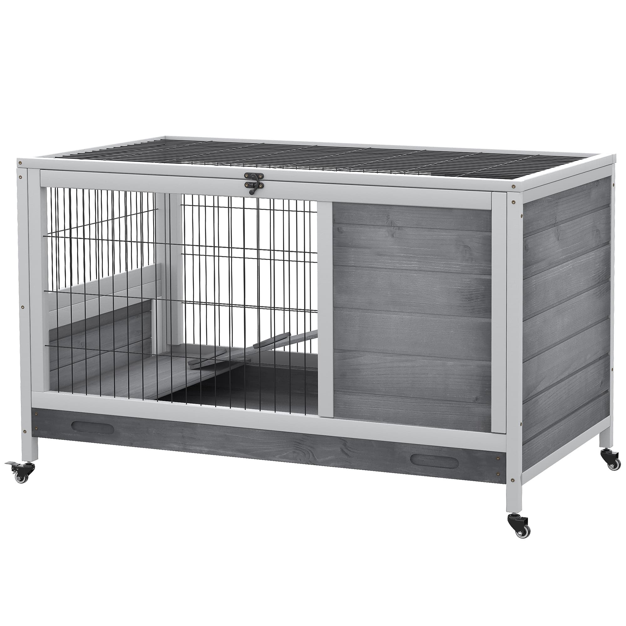 PawHut Cage en Bois pour Lapins avec 4 Roues, Maison et Rampe, 90x53x59cm, Gris