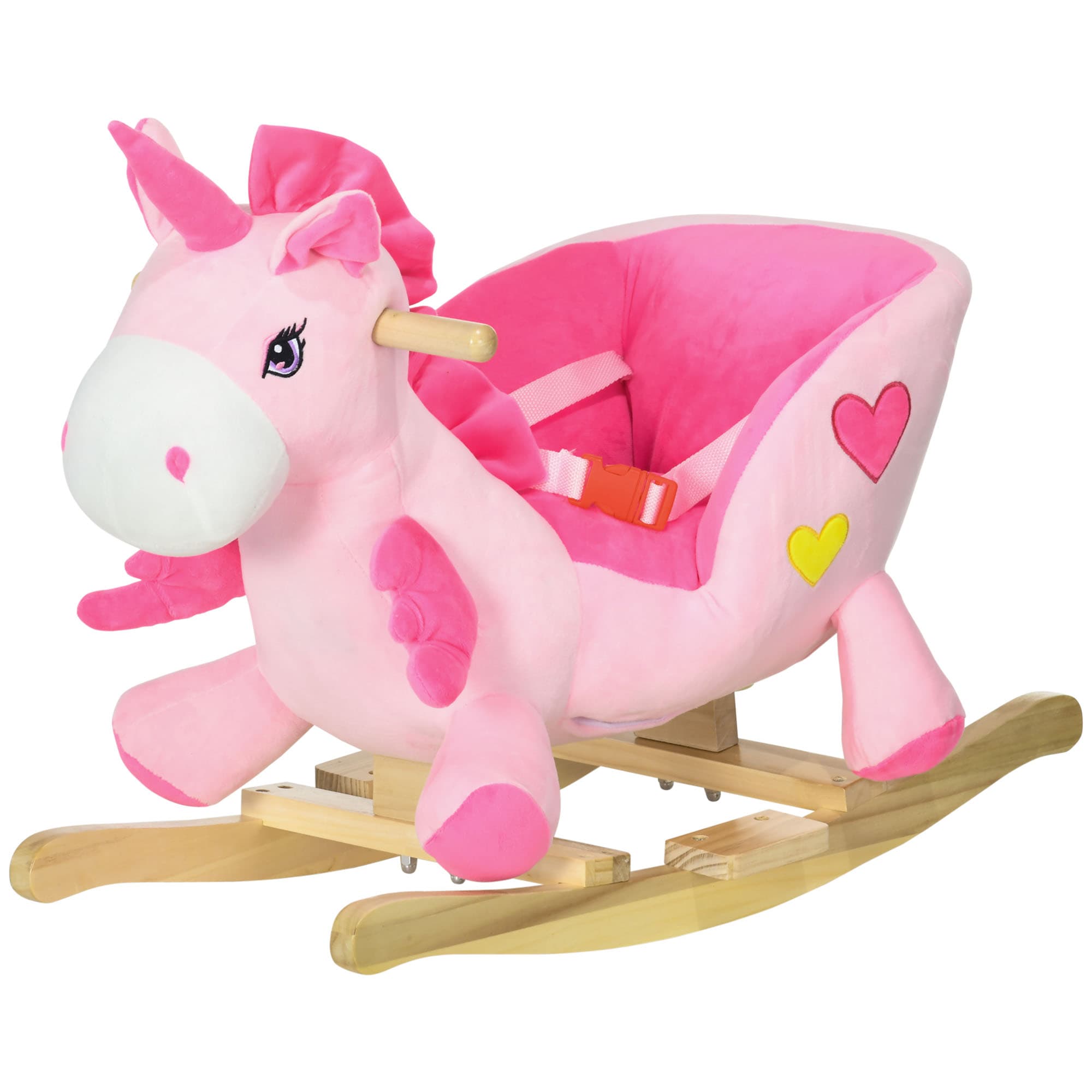 HOMCOM Cheval à Bascule Licorne avec 32 Chansons, Base en Bois et Ceinture de Sécurité, Âge 18-36 Mois, Rose