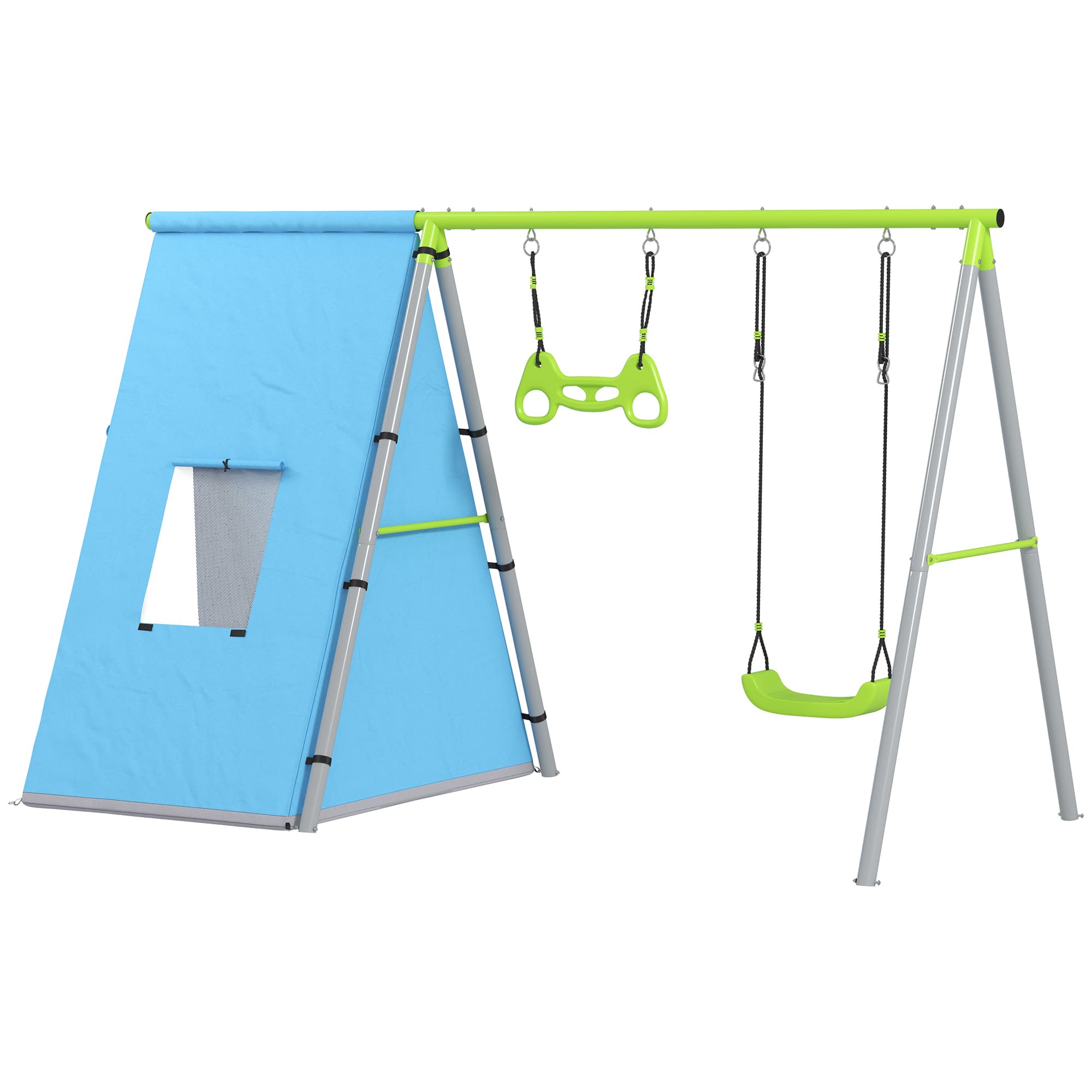 AIYAPLAY Balançoire pour Enfants 3 en 1 avec Tente Anneaux et Hauteur Ajustable pour Enfants de 3-8 Ans Structure Métallique 283x180x182 cm