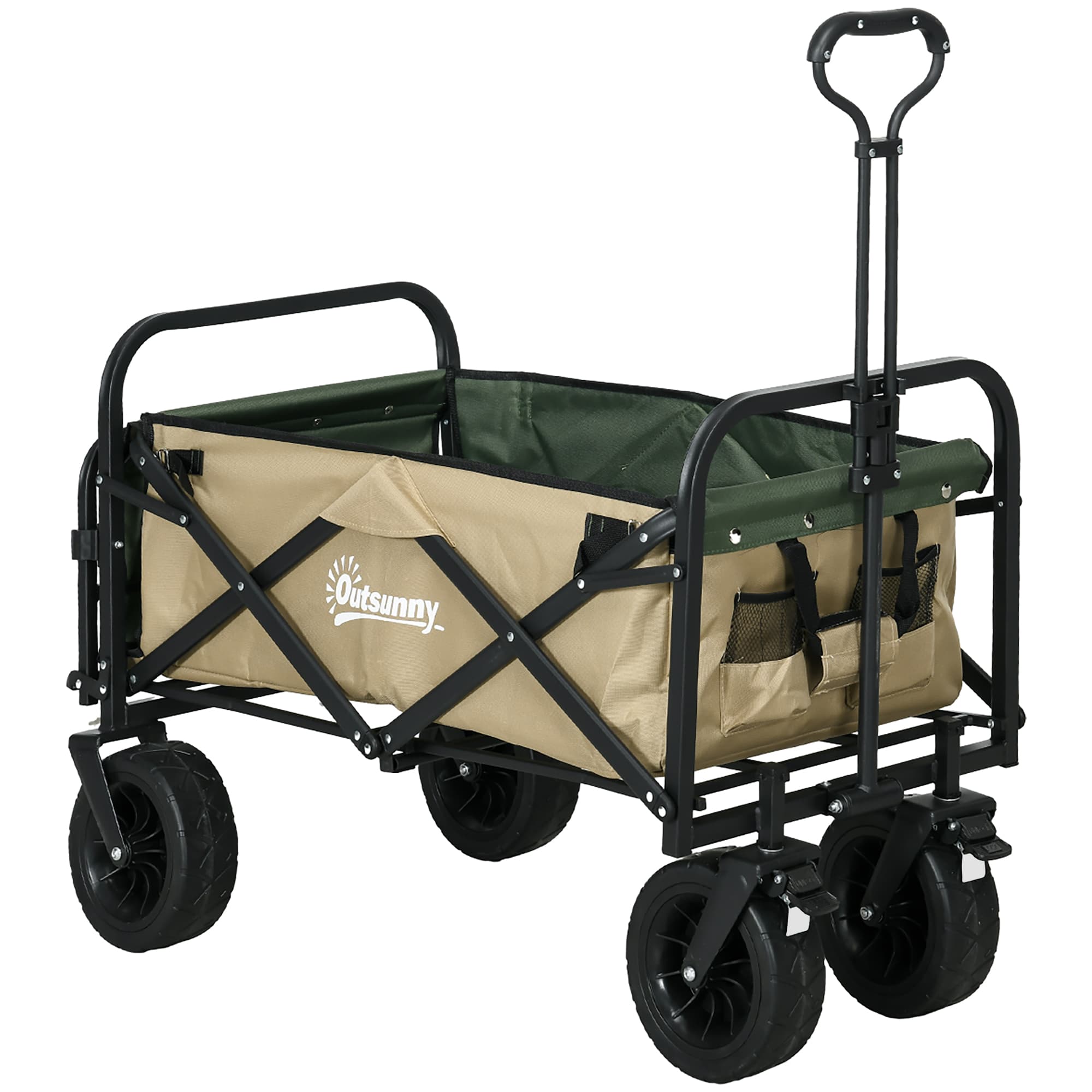 Outsunny Chariot pliant, 110 L, jusqu'à 100 kg, poignée télescopique, cadre en acier, 94 x 57 x 77-100 cm, Kaki