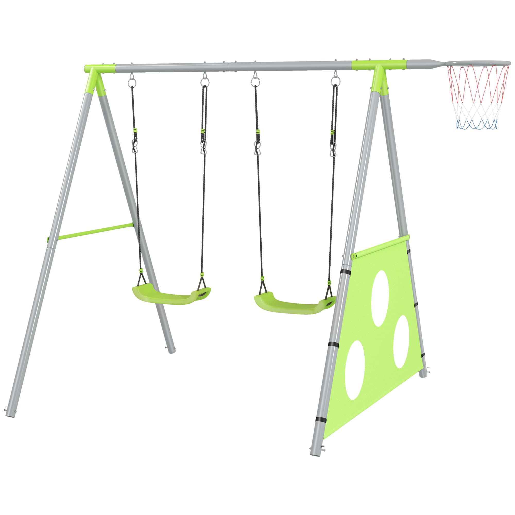 AIYAPLAY Jeu pour Enfants 3 en 1 avec Balançoire de Jardin, Panier et But de Football, 238x180x182 cm, Vert et Gris
