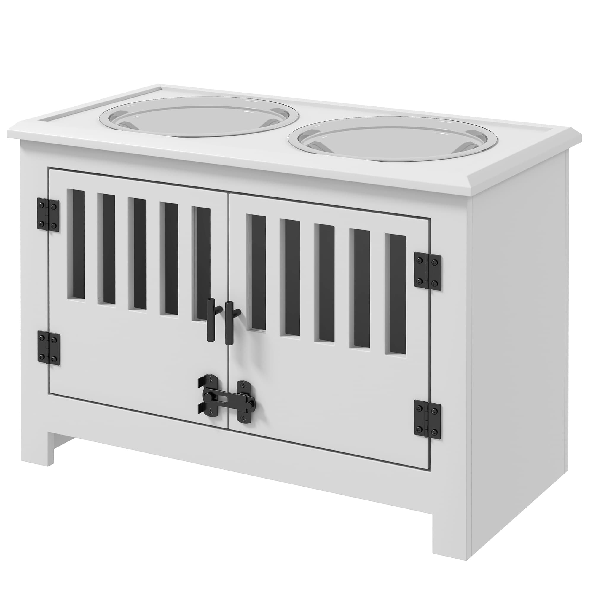 PawHut Station d'alimentation surélevée pour grands chiens, 2 bols en acier inoxydable, Espace de rangement, 35,5x60x30 cm, Blanc