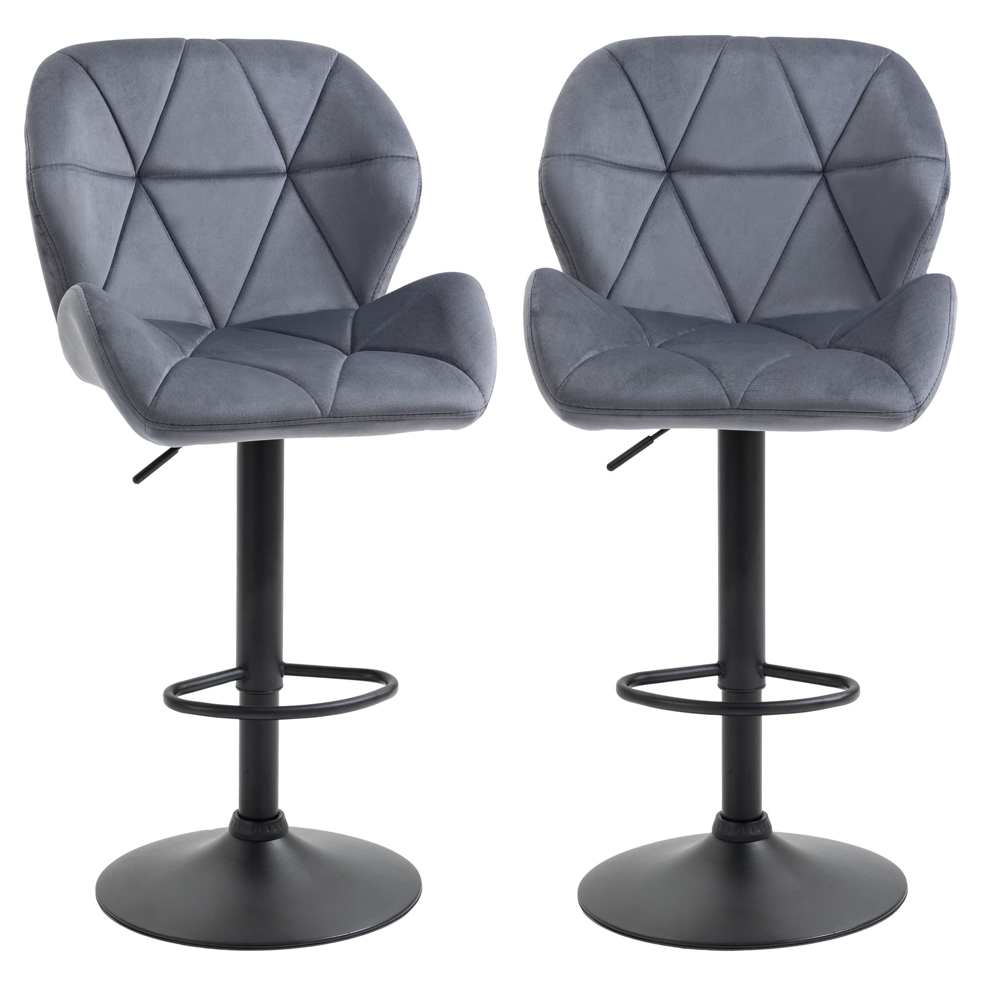 HOMCOM Set 2 Tabourets de Bar avec Hauteur Réglable Base en Métal Assise en Velours, Tabourets Cuisine Hauts Pivotant avec Dossier et Repose-Pieds, 51,5x57,5x93-114,5cm, Gris