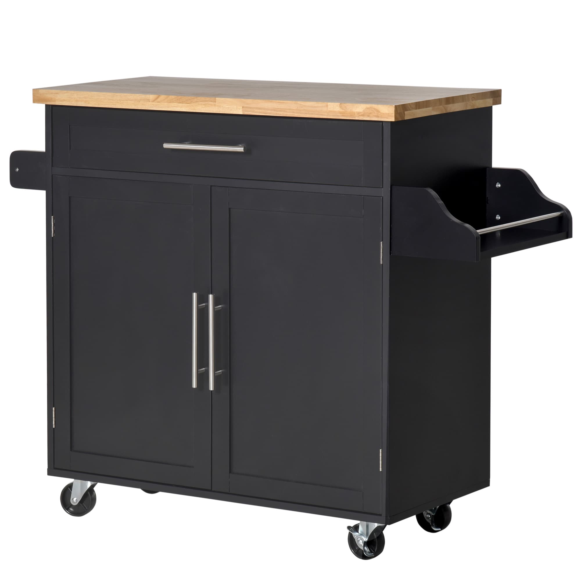 HOMCOM Chariot de Cuisine Polyvalent avec Tiroir, Roues, Porte-Épices et Armoire, Meuble de Cuisine avec Étagère Réglable, Porte-Serviettes et Plateau en Bois de Caoutchouc, 109x40x89 cm, Noir