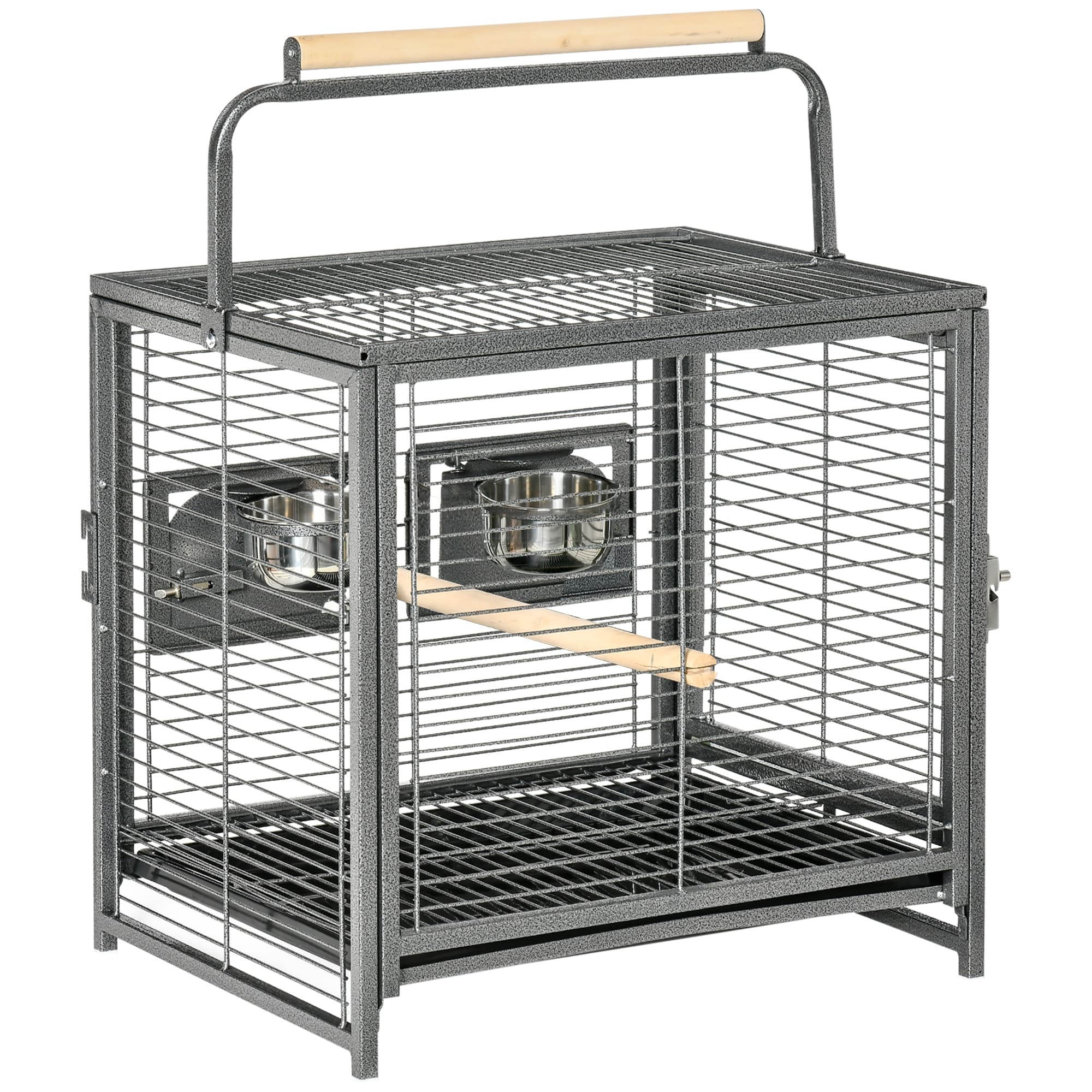 PawHut Cage de transport en acier pour perroquets, cage à oiseaux avec 2 bols en acier inoxydable, 2 perchoirs, plateau, noir