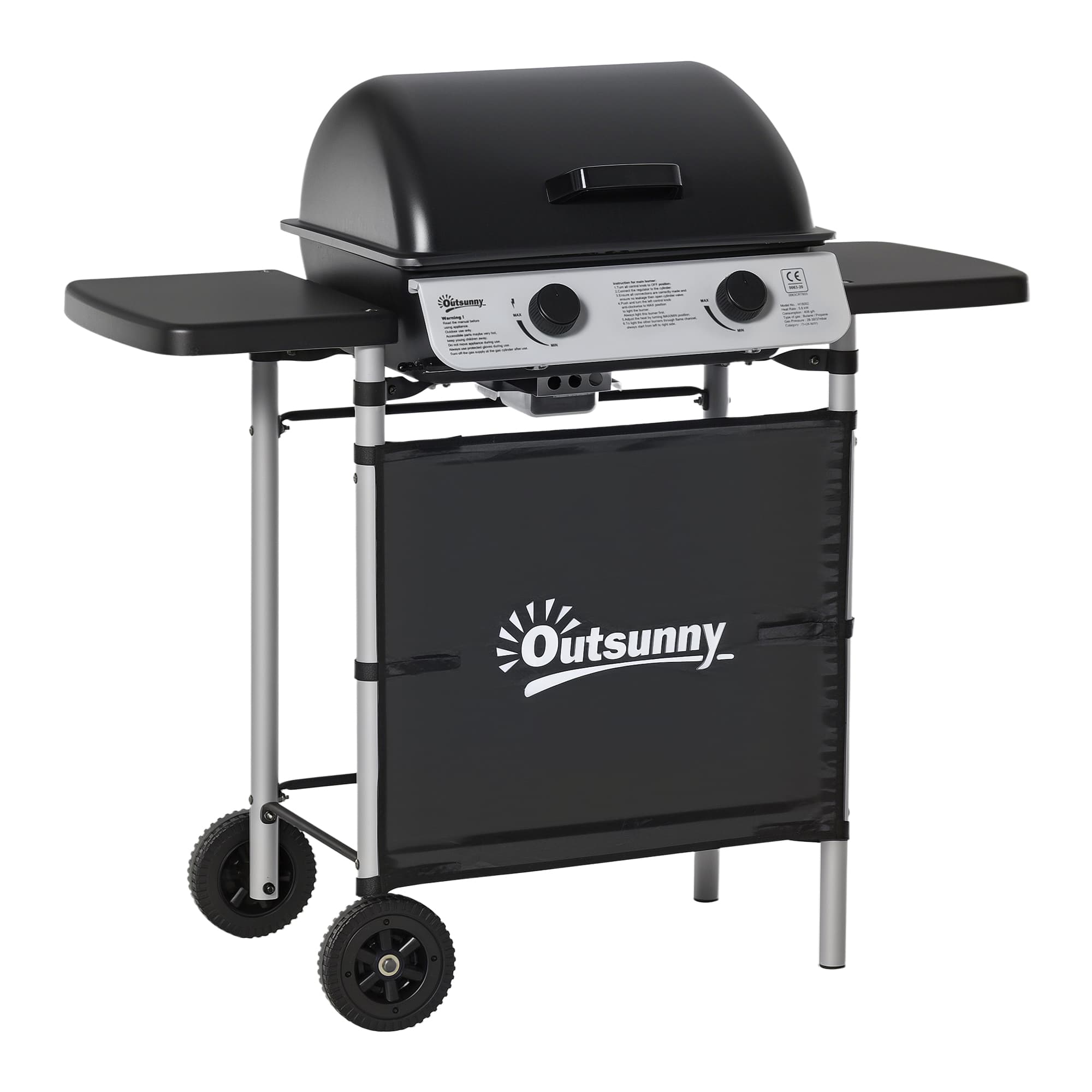 Outsunny Barbecue gaz 2 brûleurs en acier inoxydable, puissance 2,8 kW, barbecue de jardin 2 grilles, 104 x 49 x 99 cm, noir