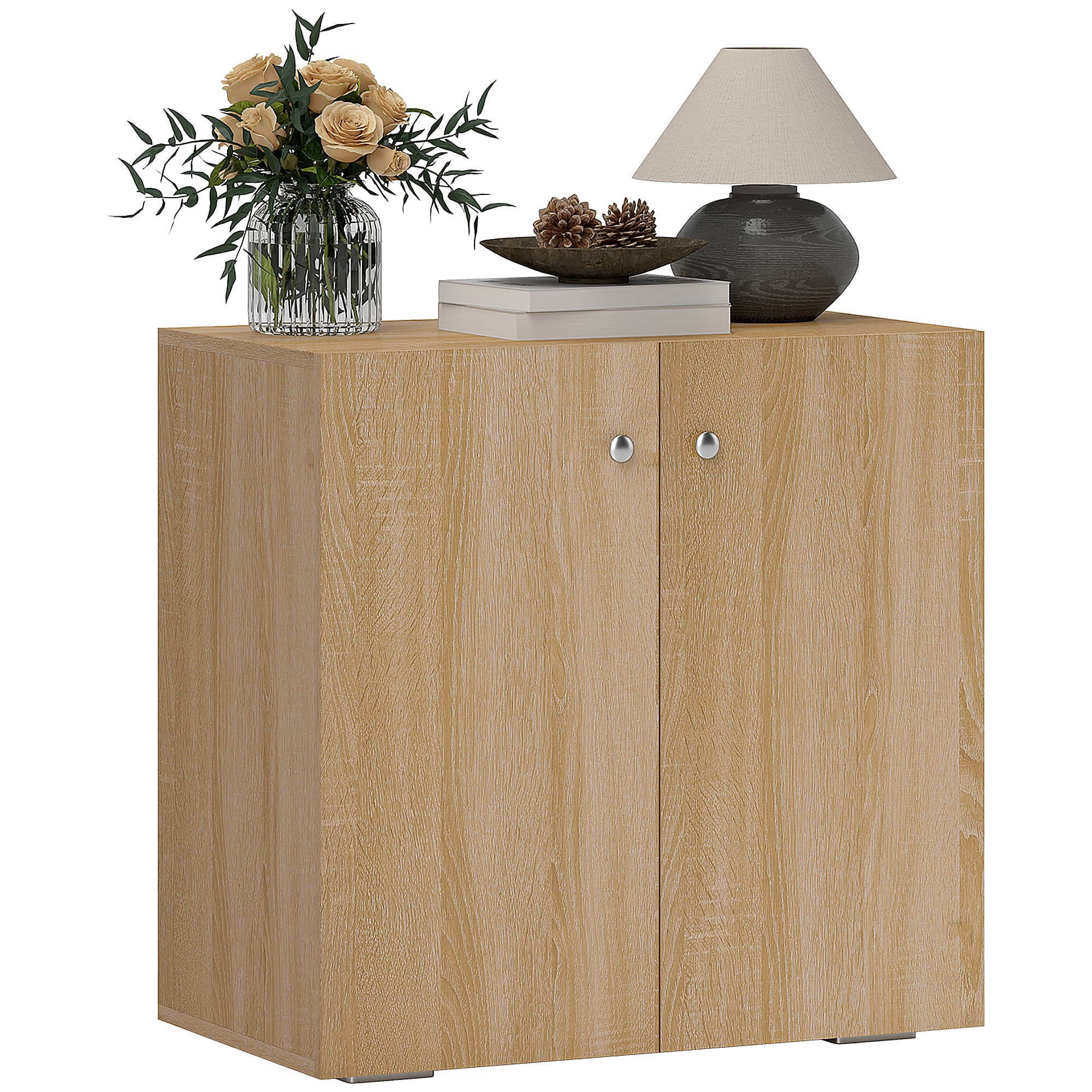 HOMCOM Buffet 2 portes avec étagère aspect chêne clair 70L x 39l x 70H cm panneaux de particules, métal (poignées, charnières)