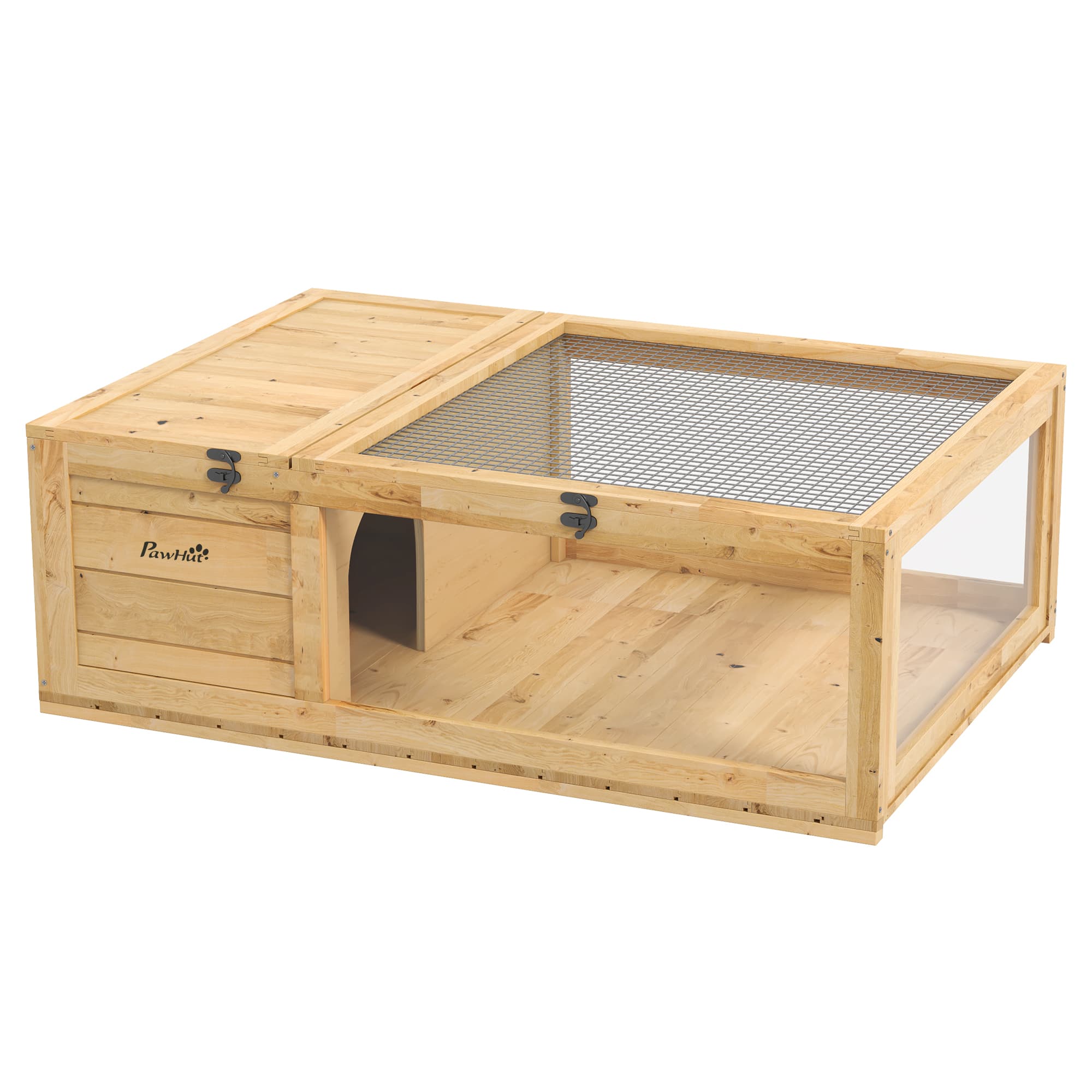 PawHut Maison enclos cage habitat pour petit animal tortues avec 2 espaces 91 x 60,5 x 32 cm bois massif jaune clair