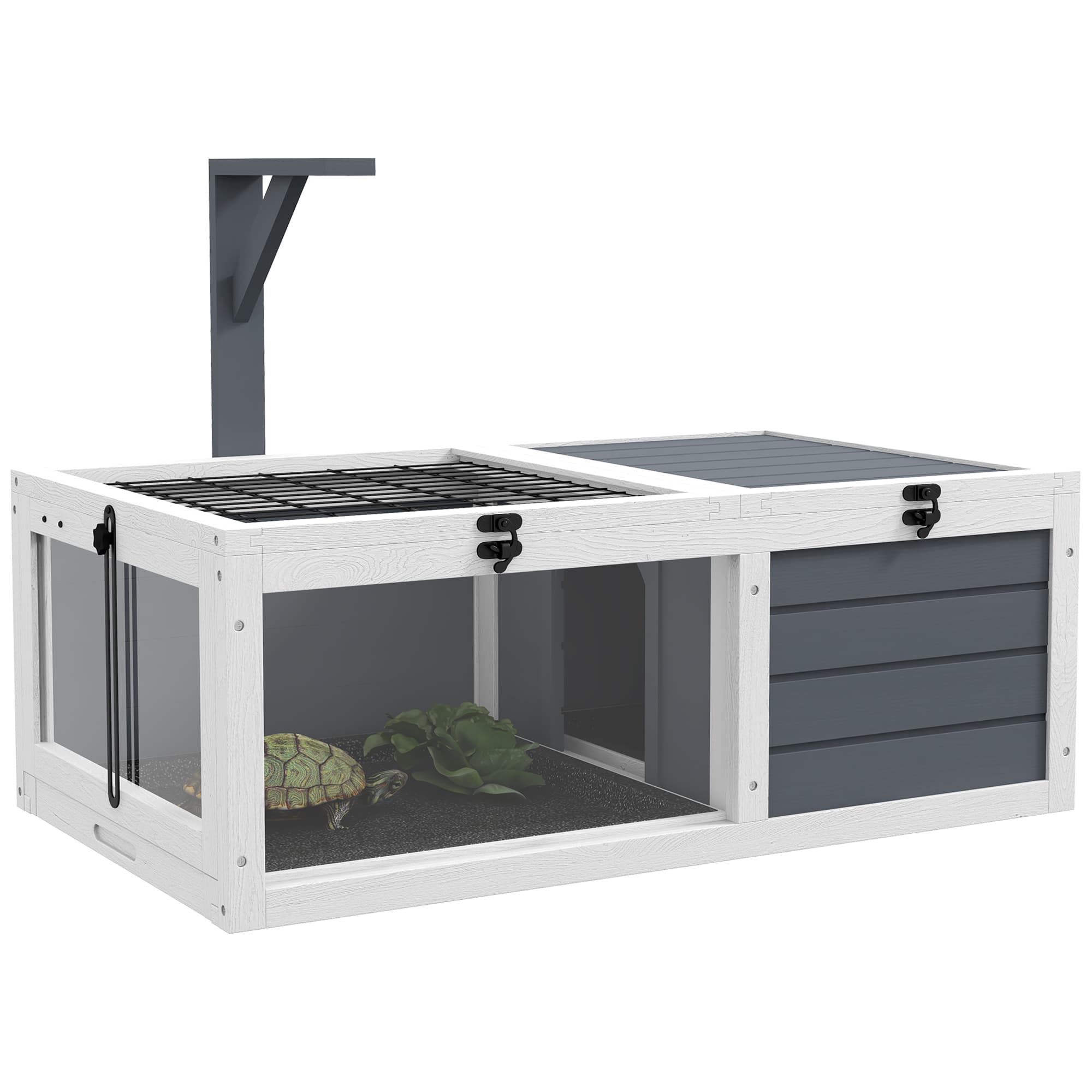 PawHut Maison enclos cage pour petit animal tortue avec 2 espaces support de lampe 81 x 48 x 31,5 cm gris
