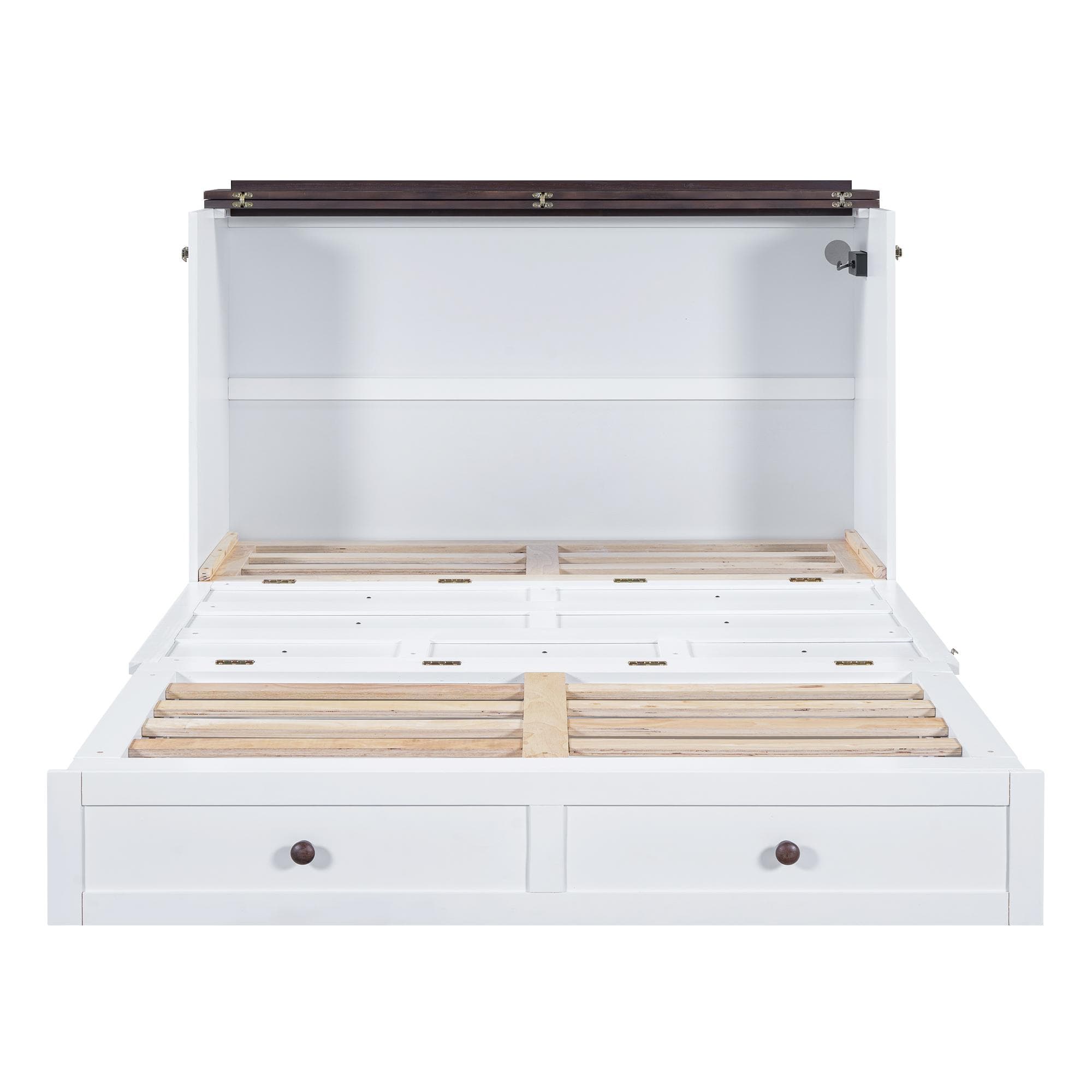 Lit escamotable 140x200 cm, lit plateforme mobile avec tiroirs et étagère, convertible et gain de place, sans matelas, Blanc