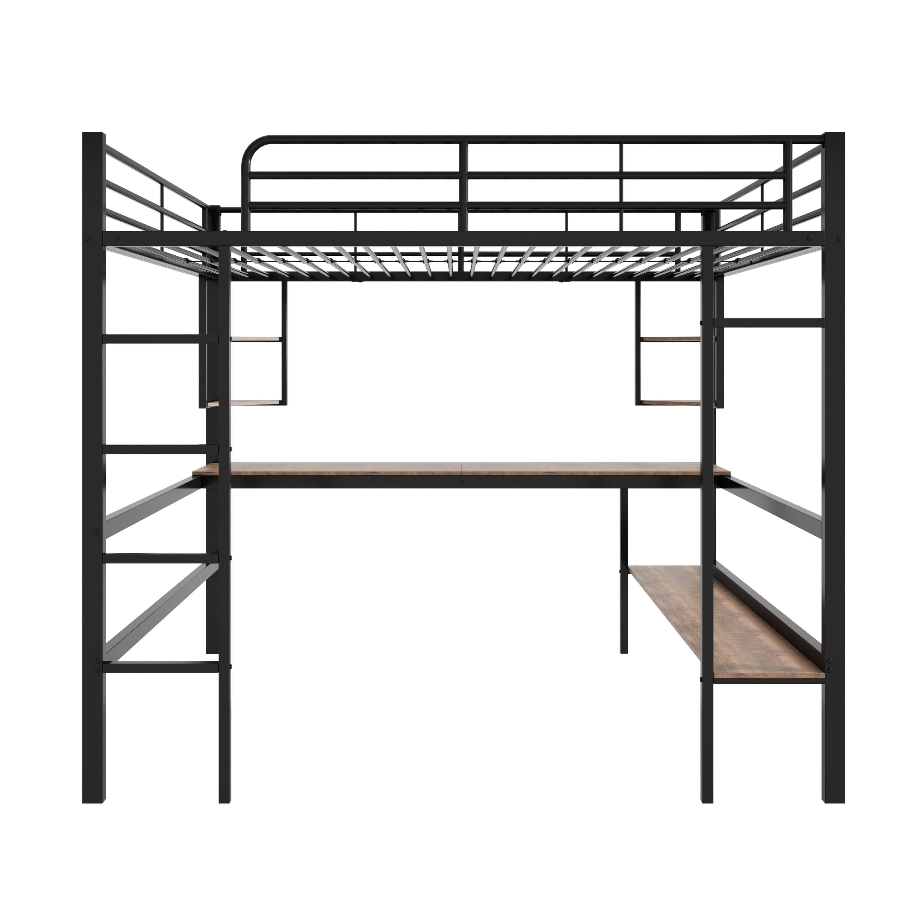 Lit mezzanine 2 place 140x200cm Lit superposé but en métal avec bureau et étagères, pour enfants et adultes, sans matelas, Noir Aosom France