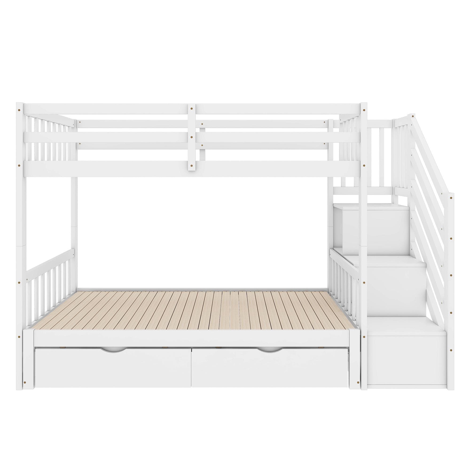 Lit superposé bois Lit simple 90x200 cm avec lit gigogne, marches de rangement et deux tiroirs, sans matelas, Blanc Aosom France