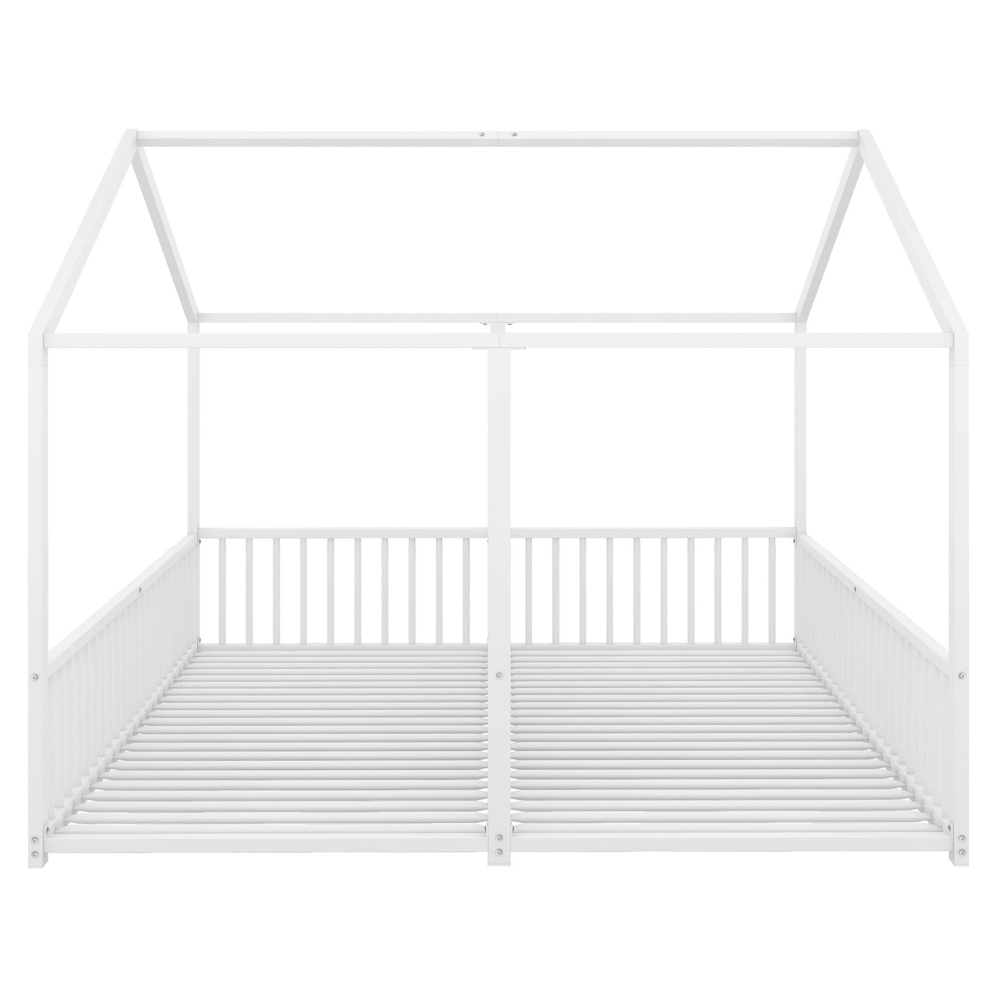 Lit enfant en métal, Lit simple 90×200 cm, design double avec modélisation en forme de maison et garde-corps de sécurité, sans matelas, Blanc