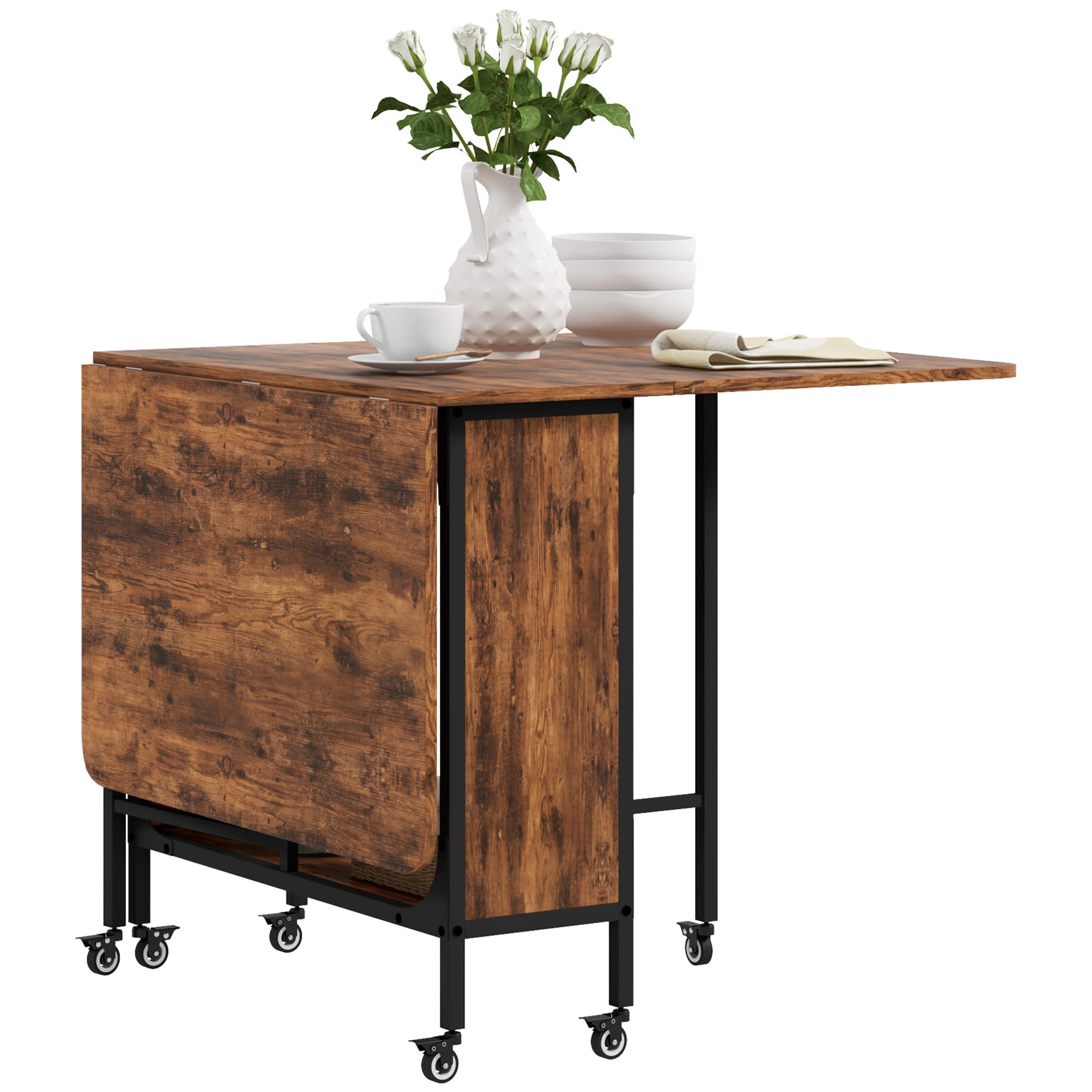 HOMCOM Table pliante de cuisine extensible salle à manger sur roulettes jusqu'à 6 personnes étagère intégrée, 6 roues, Marron