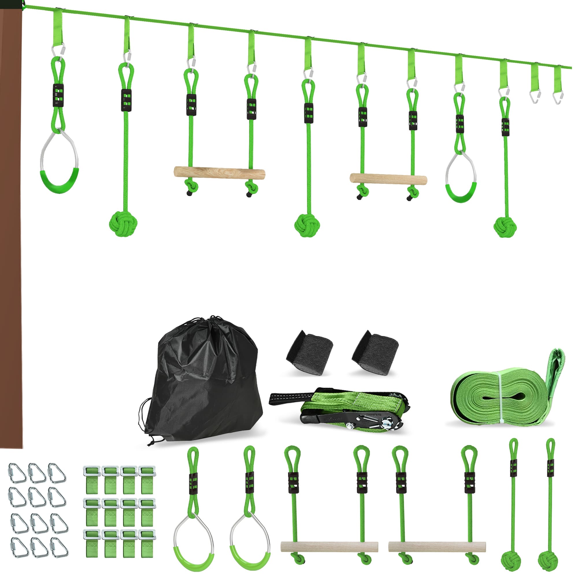AIYAPLAY Tyrolienne pour enfants 10 M kit de tyrolienne complet 7 pièces charge 50 kg, installation facile, vert