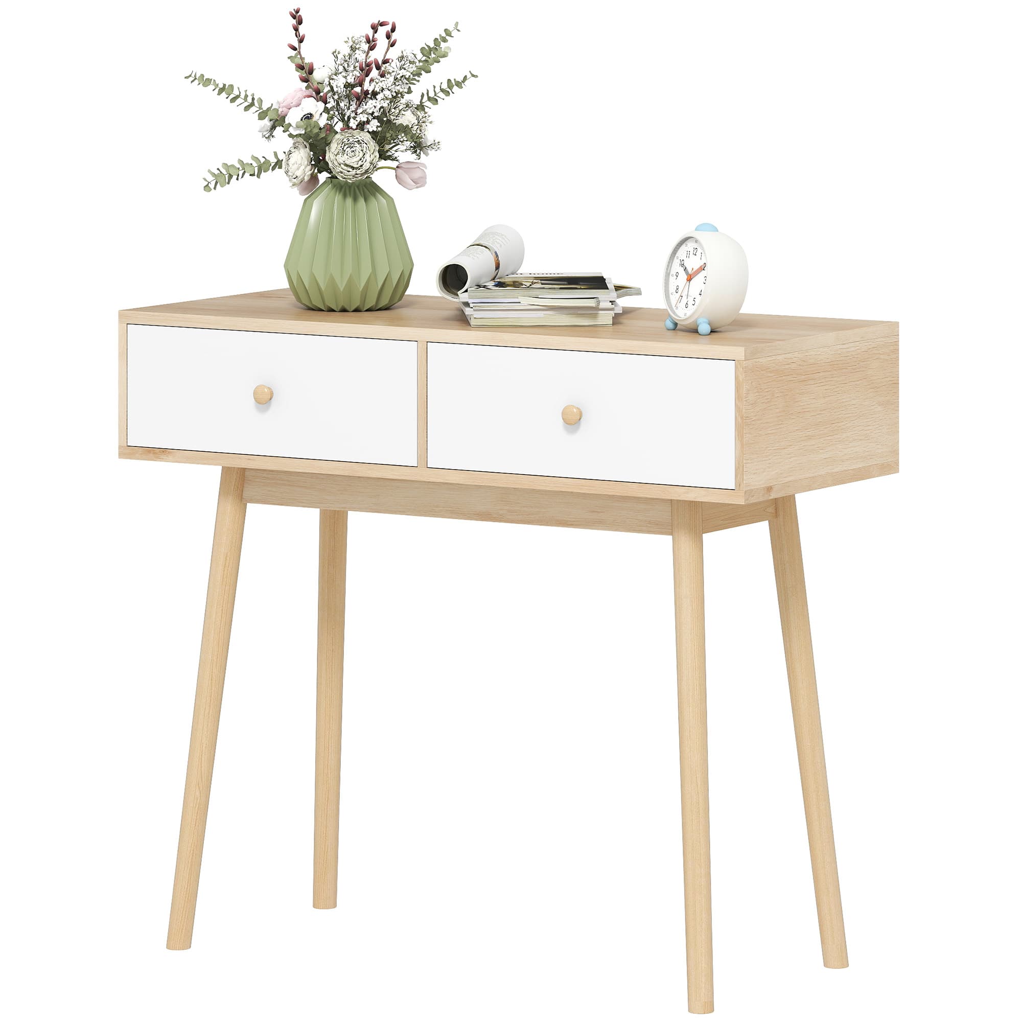 HOMCOM Table console avec 2 tiroirs et pieds en bois, pour salon, entrée, couloir, 86 x 35 x 75 cm, chêne et blanc
