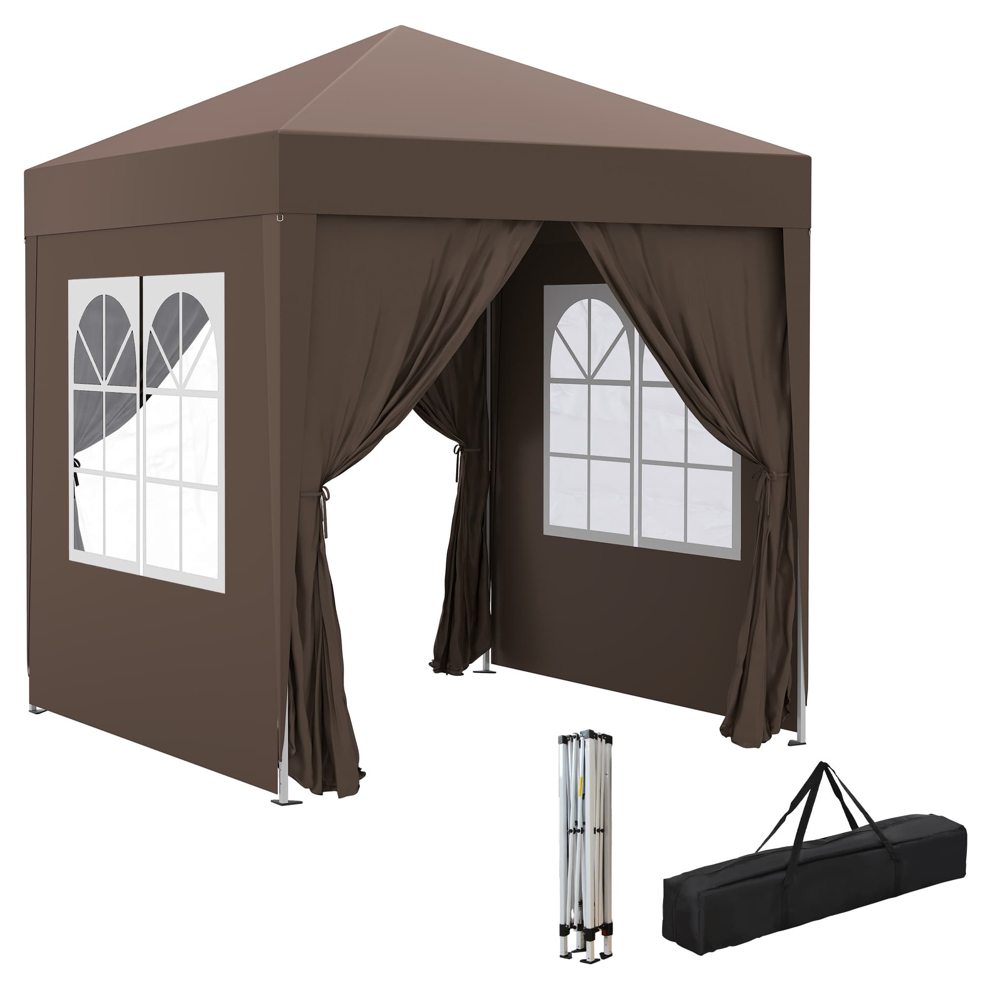 Outsunny Tonnelle Barnum Pliant Pop-Up Imperméabilisé 4 Parois Latérales Amovibles 2 Fenêtres Sac de Transport Acier Oxford 2 x 2 x 2,45 m Brun