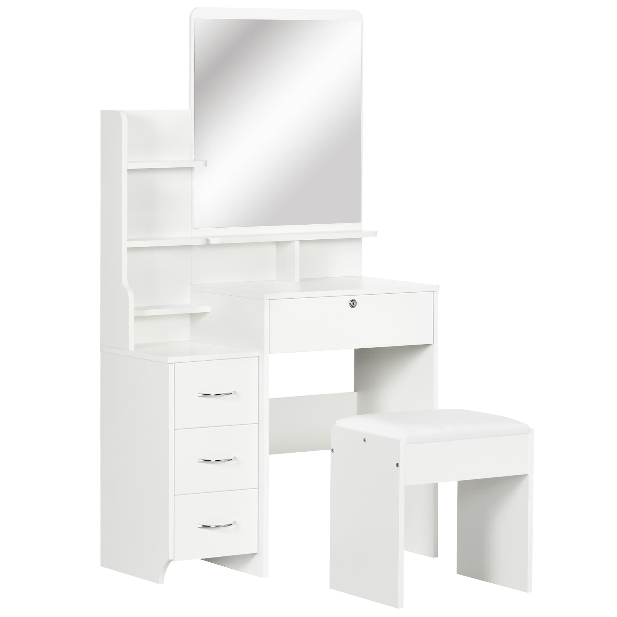 HOMCOM Ensemble de coiffeuse avec tabouret rembourré grand miroir + plusieurs étagères ouvertes + 4 tiroirs blanc