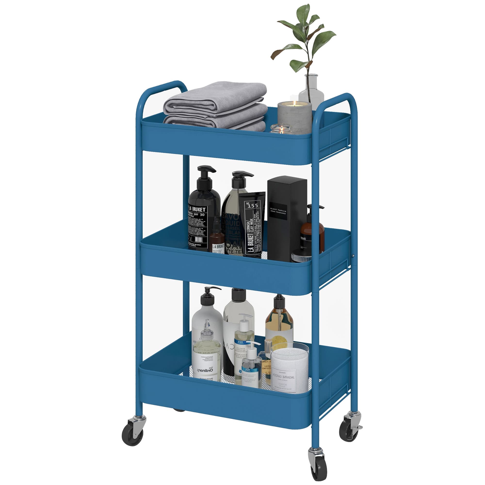 HOMCOM Desserte chariot de rangement en acier chariot de service à roulettes 3 plateaux ajourés 45 x 30,6 x 79 cm bleu foncé