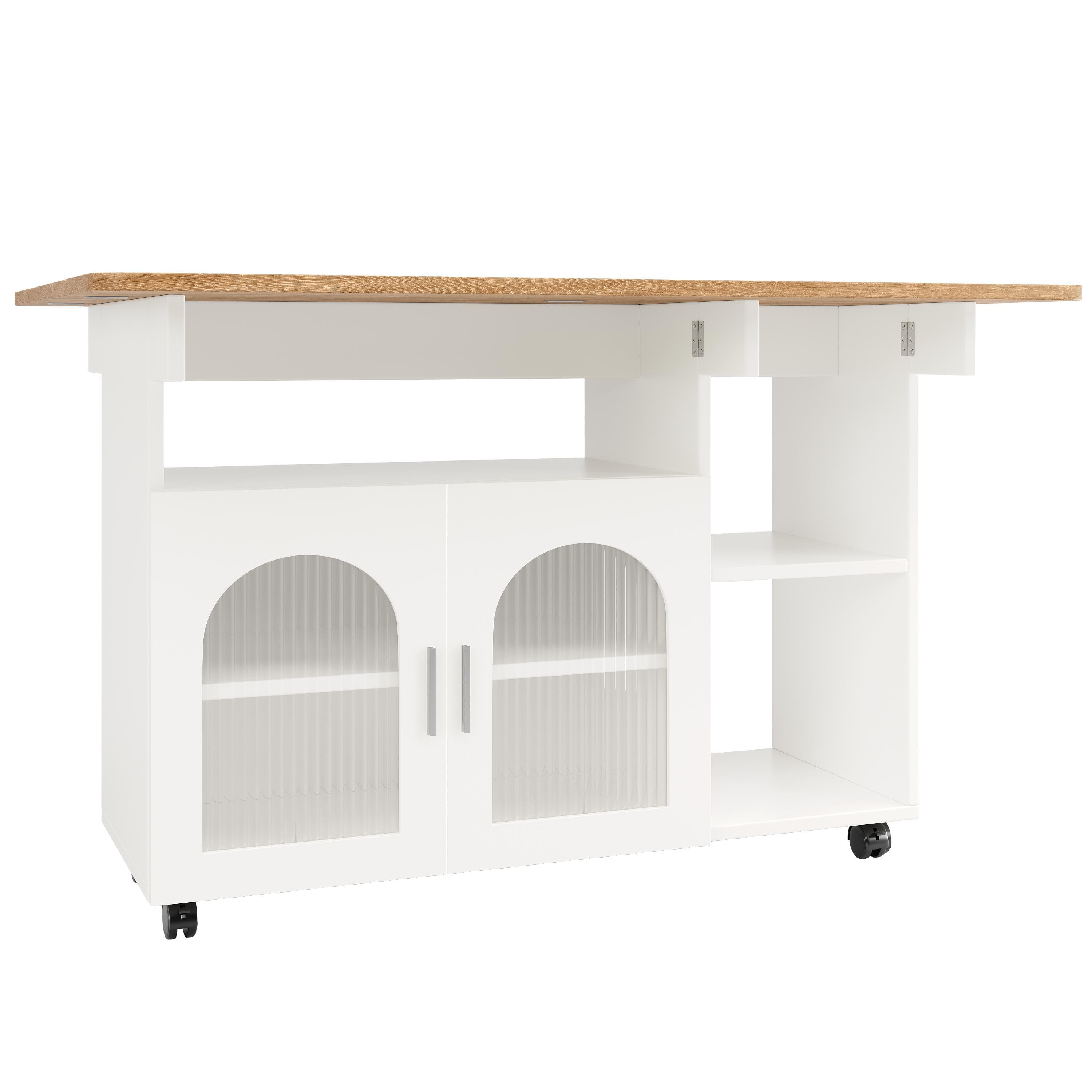 Îlot de cuisine moderne, chariot de service multifonctionnel avec espace de rangement et armoires à porte vitrée, 120×30×79,5 cm, Naturel, Argent + Gris, Blanc