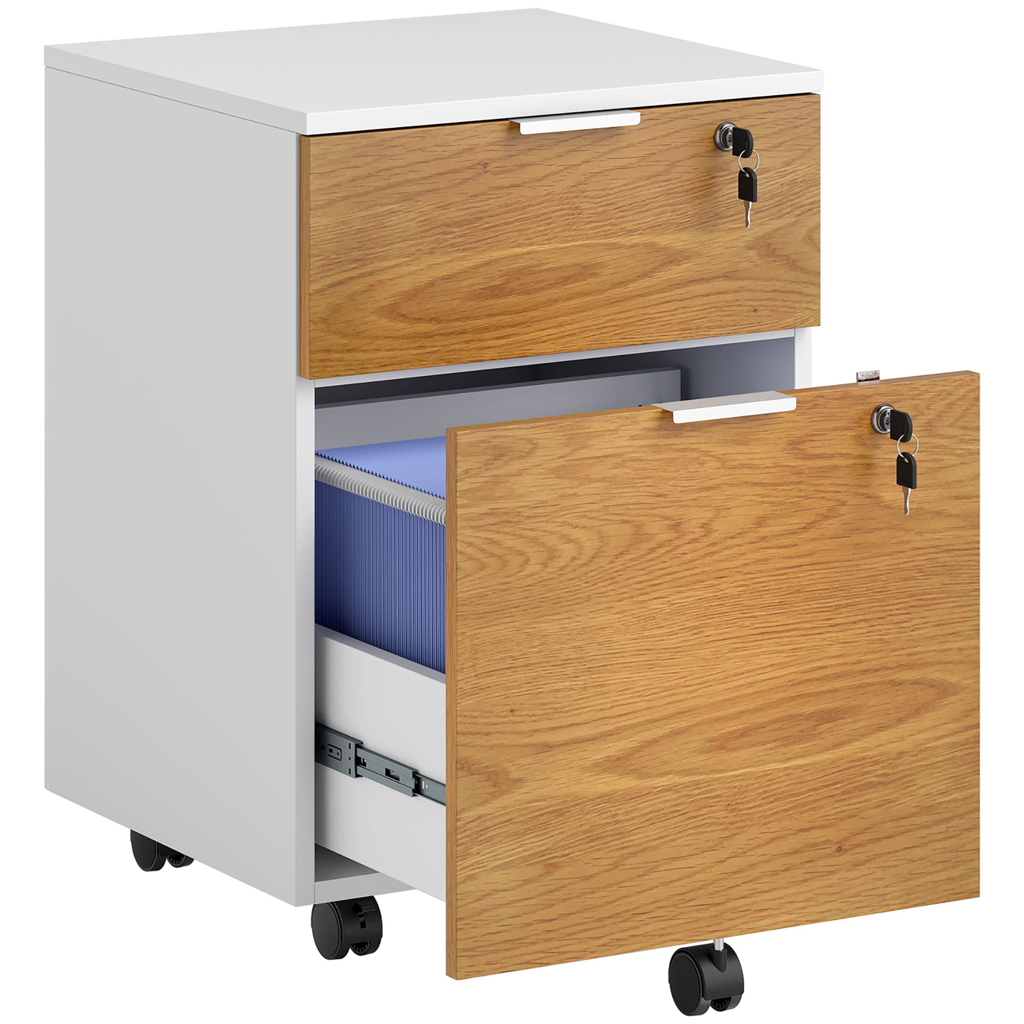 HOMCOM Caisson de bureau, meuble de rangement 2 tiroirs 2 barres pour dossier suspendu, verrouillable avec 2 clés 42x40x60 cm