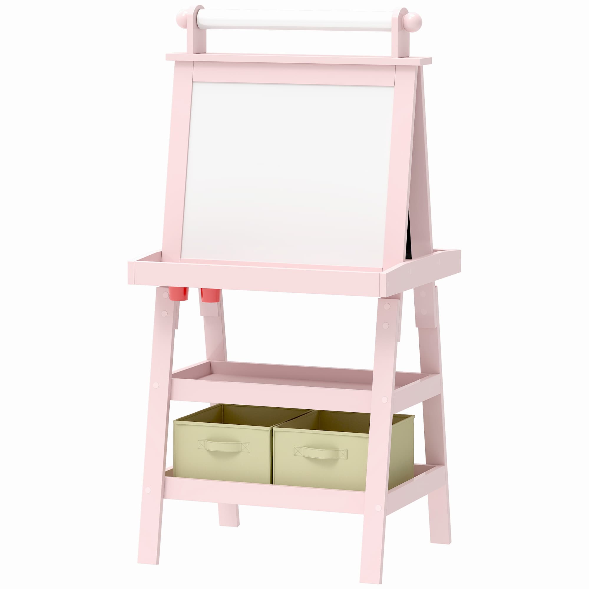 AIYAPLAY Tableau chevalet enfant 3 en 1 avec tableau blanc magnétique, tableau à craie, rouleau papier, 2 paniers, 3-6 ans, rose