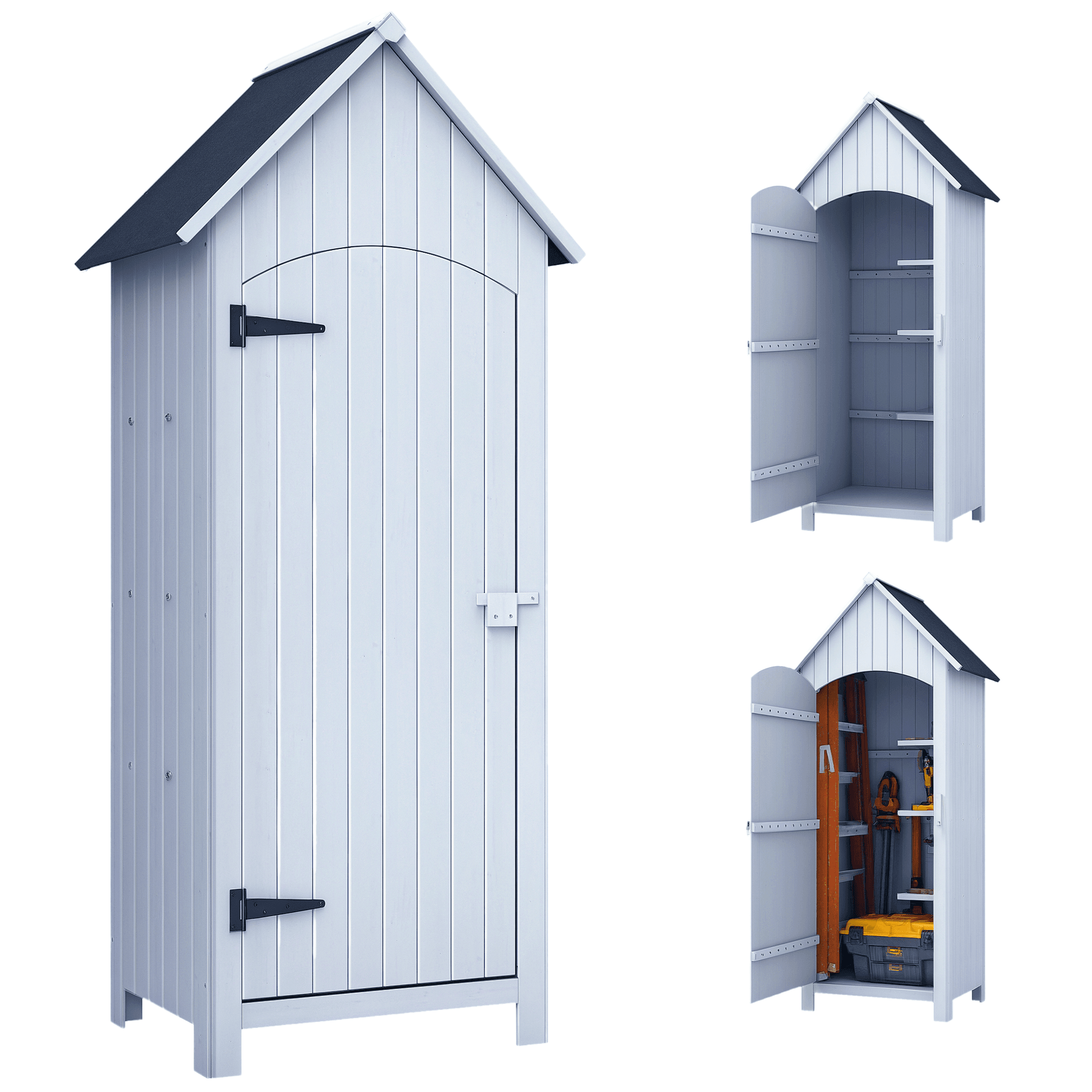 Outsunny Armoire abri de Jardin Remise pour Outils 3 étagères Porte loquet Toit Pente bitumé dim. 77L x 54l x 179H cm Bois Sapin pré-huilé Blanc