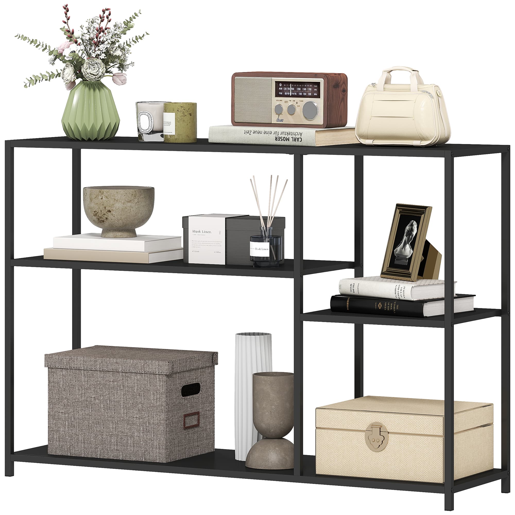 HOMCOM Console meuble étroite à 4 niveaux style industriel cadre en acier, 110 x 30 x 75 cm, noir