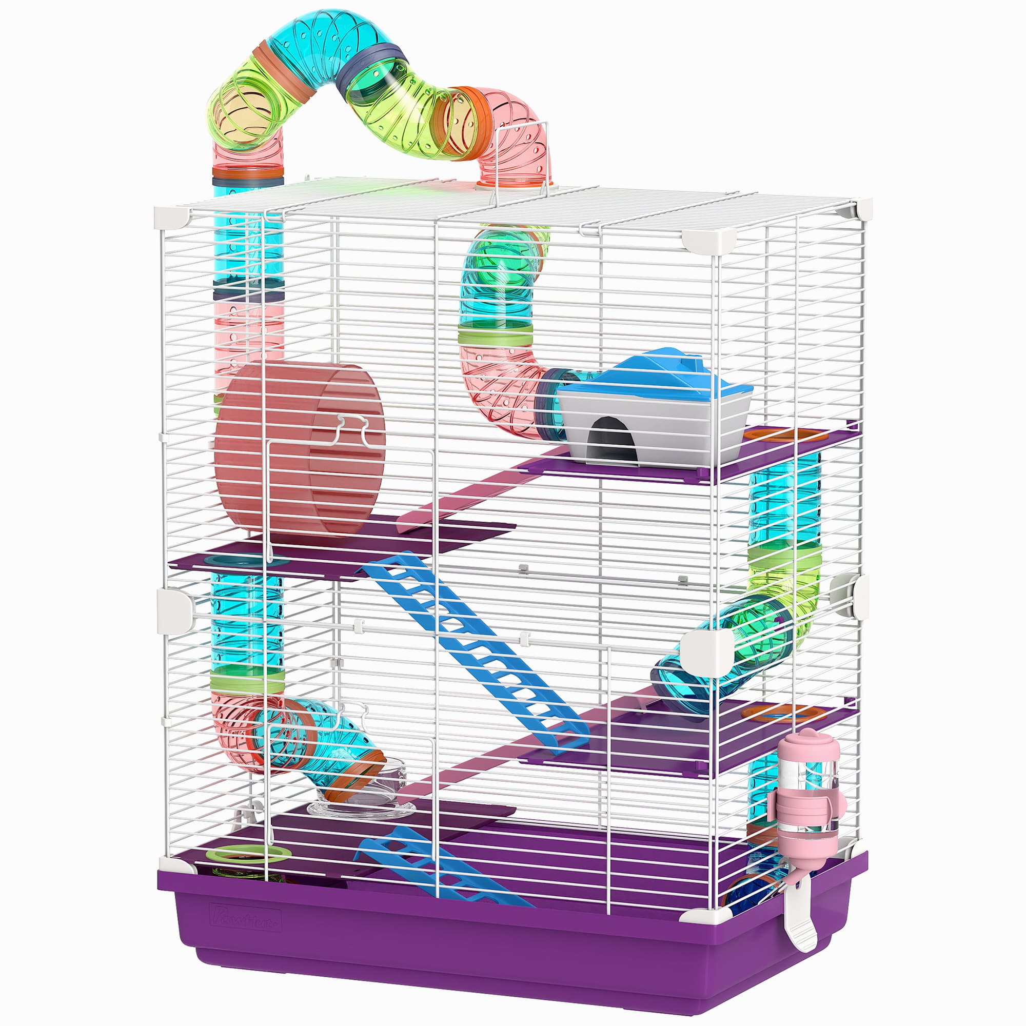 PawHut Cage pour hamster rongeur 4 étages avec tunnels mangeoire roue maison échelles 46 x 30 x 58 cm violet