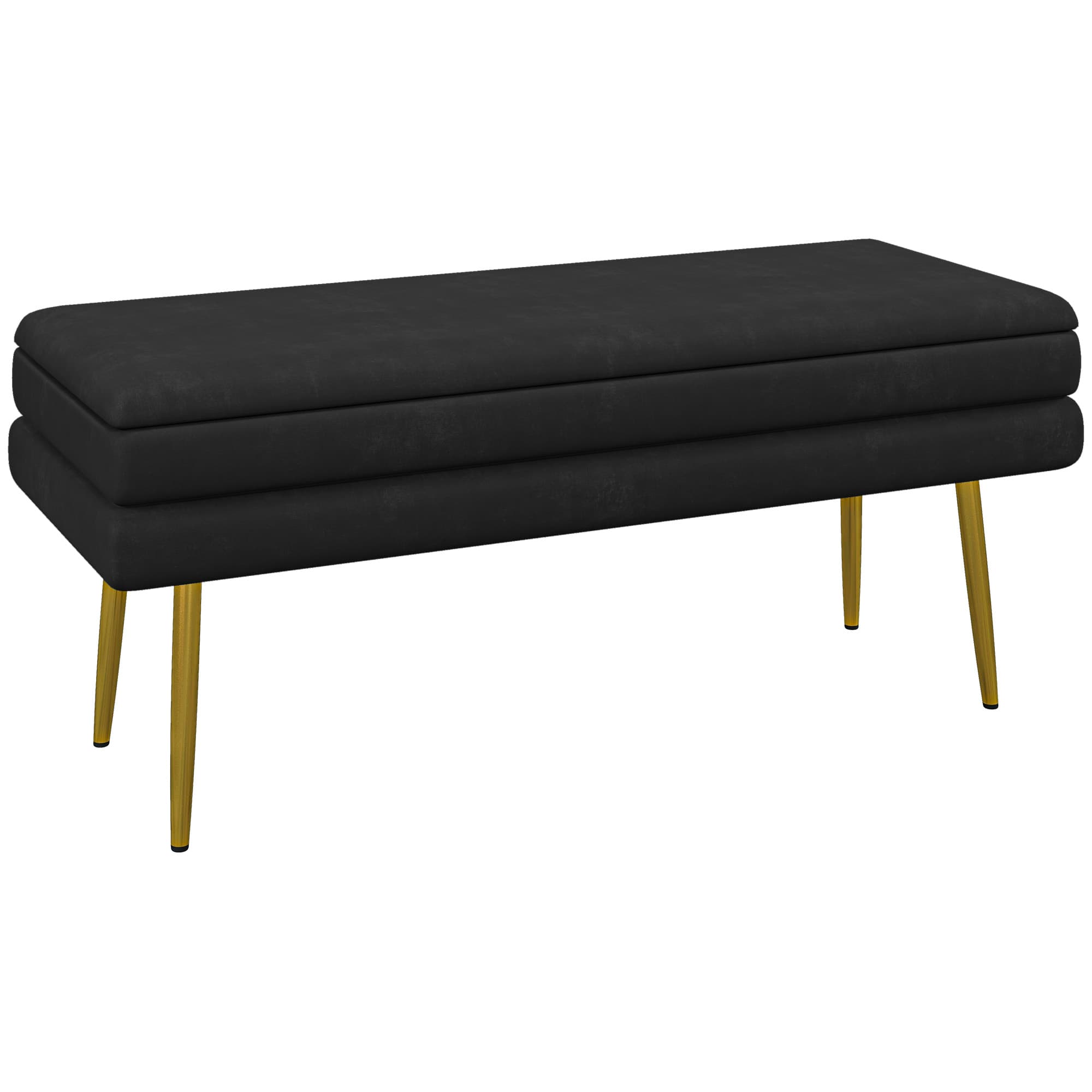 HOMCOM Banc banquette coffre de rangement 2 en 1 assise aspect velours et pieds acier - 100 x 37,5 x 42 cm noir et doré