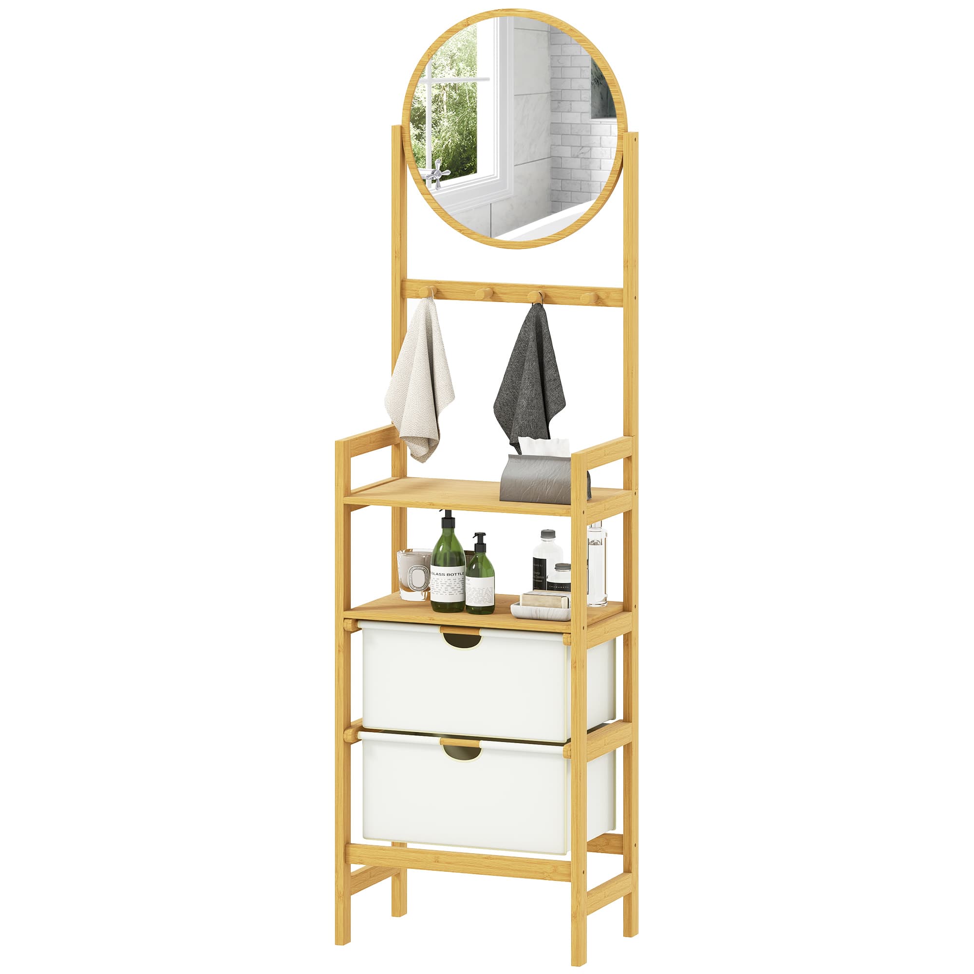 HOMCOM Étagère de Salle de Bambou avec Miroir avec 4 Crochets 2 Étagères Ouvertes et 2 Tiroirs en Tissu 48,5x30x170 cm Naturel
