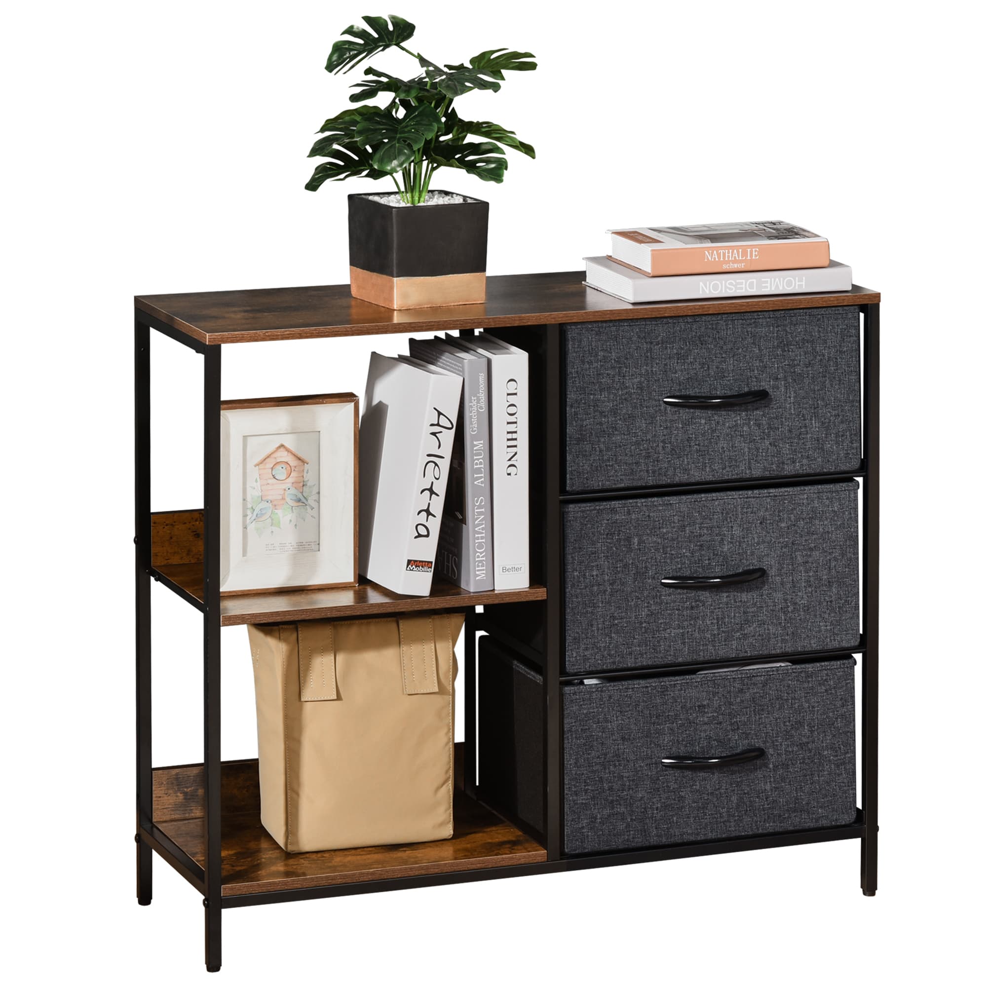 HOMCOM Commode meuble de rangement avec 3 tiroirs en tissu amovibles, 2 étagères et 1 grand plateau 80 x 29 x 71 cm marron