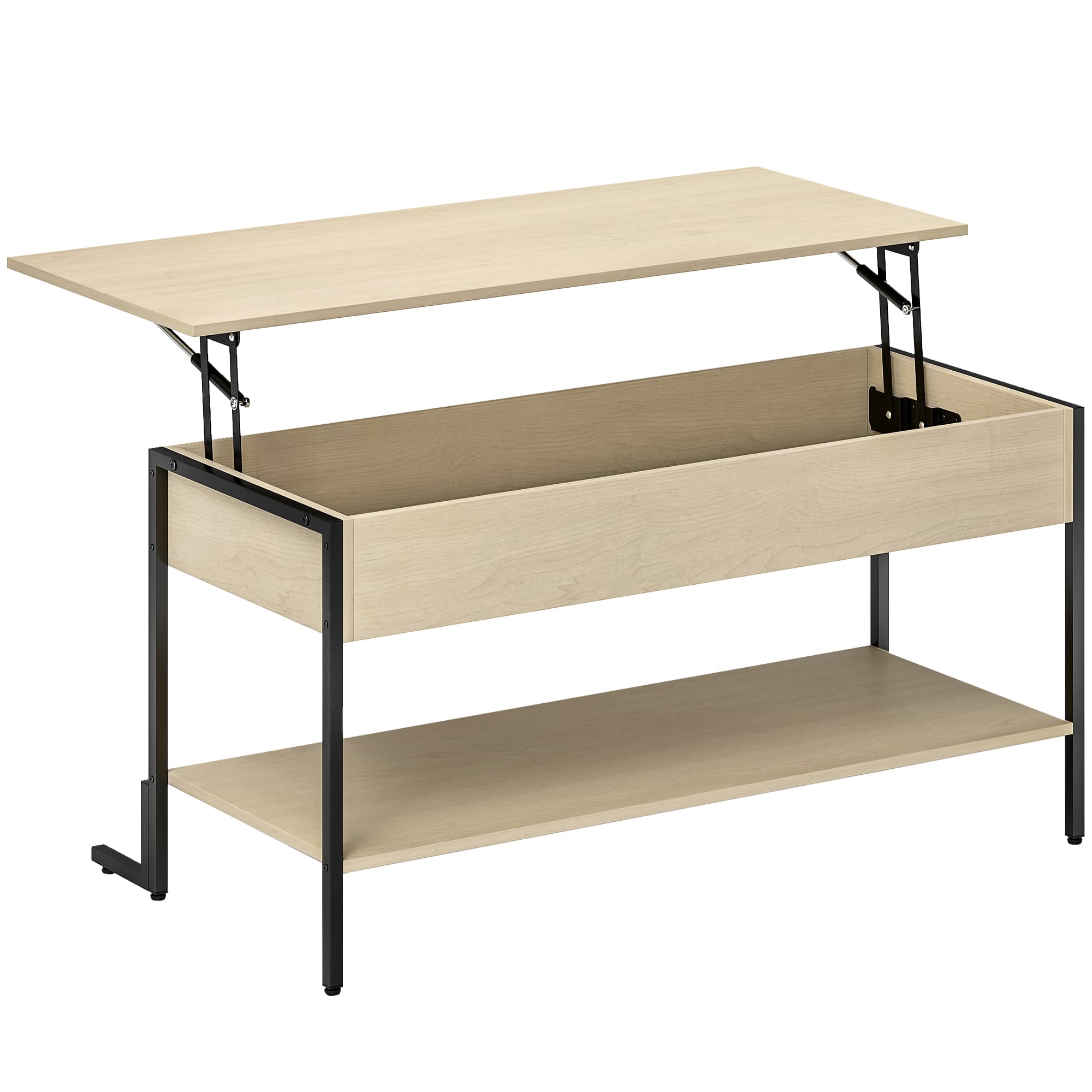 HOMCOM Table basse avec plateau relevable, table de salon avec compartiment caché et étagère ouverte, 95x40x59cm, bois naturel