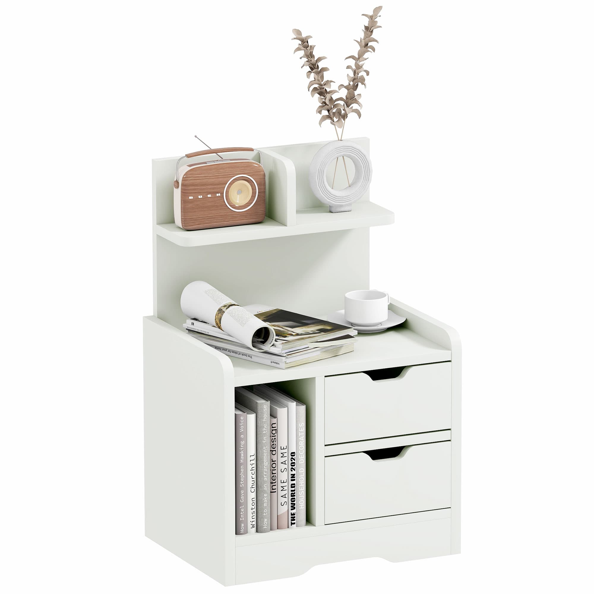 HOMCOM Table de chevet table de nuit avec rangement 2 tiroirs étagère supérieure 40 x 30 x 60 cm blanc