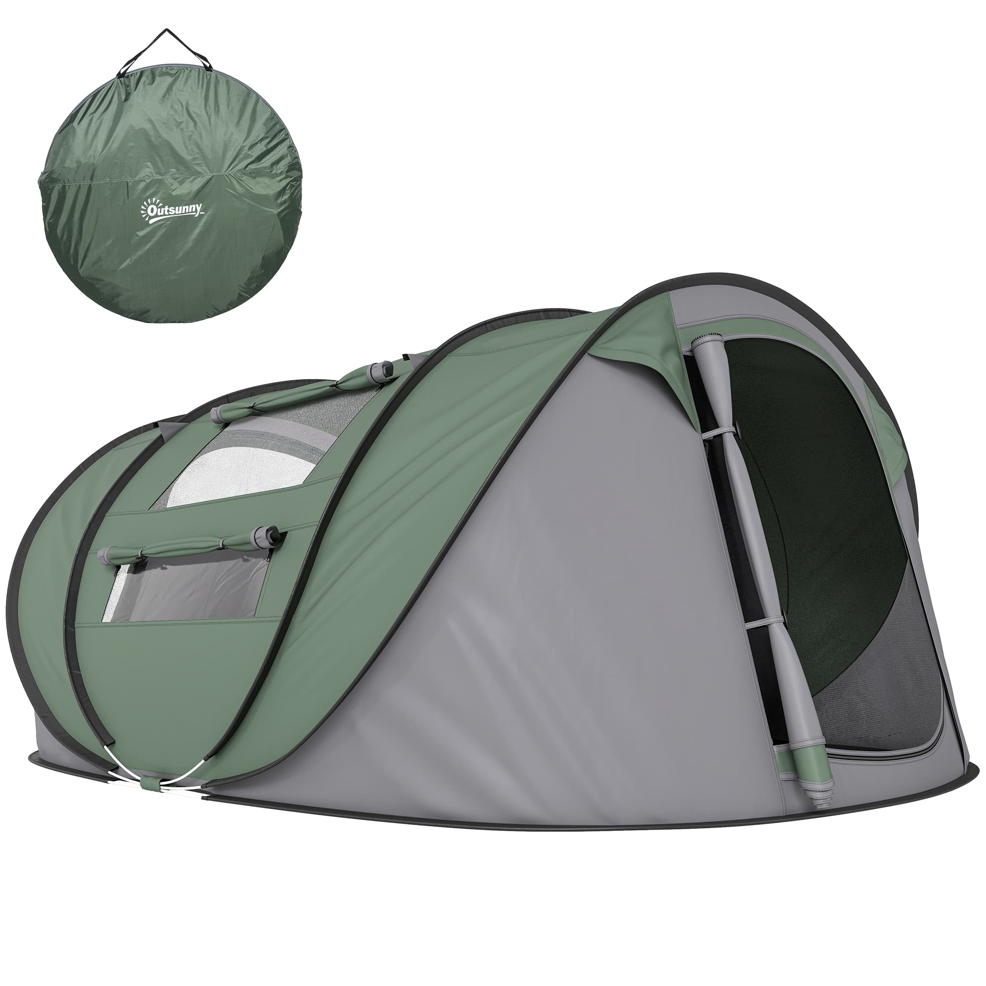 Outsunny Tente de camping pliable pour 4-5 personnes pop up 2 portes fenêtres enroulables maille / PVC 263,5 x 220 x 123 cm vert armée et gris