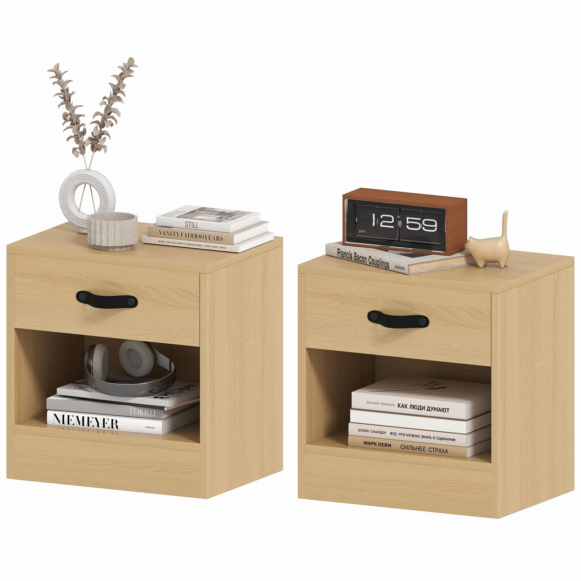 HOMCOM Pack de 2 Tables de Chevet avec Tiroir et Compartiment Ouvert pour Salon 39x28x41 cm Naturel