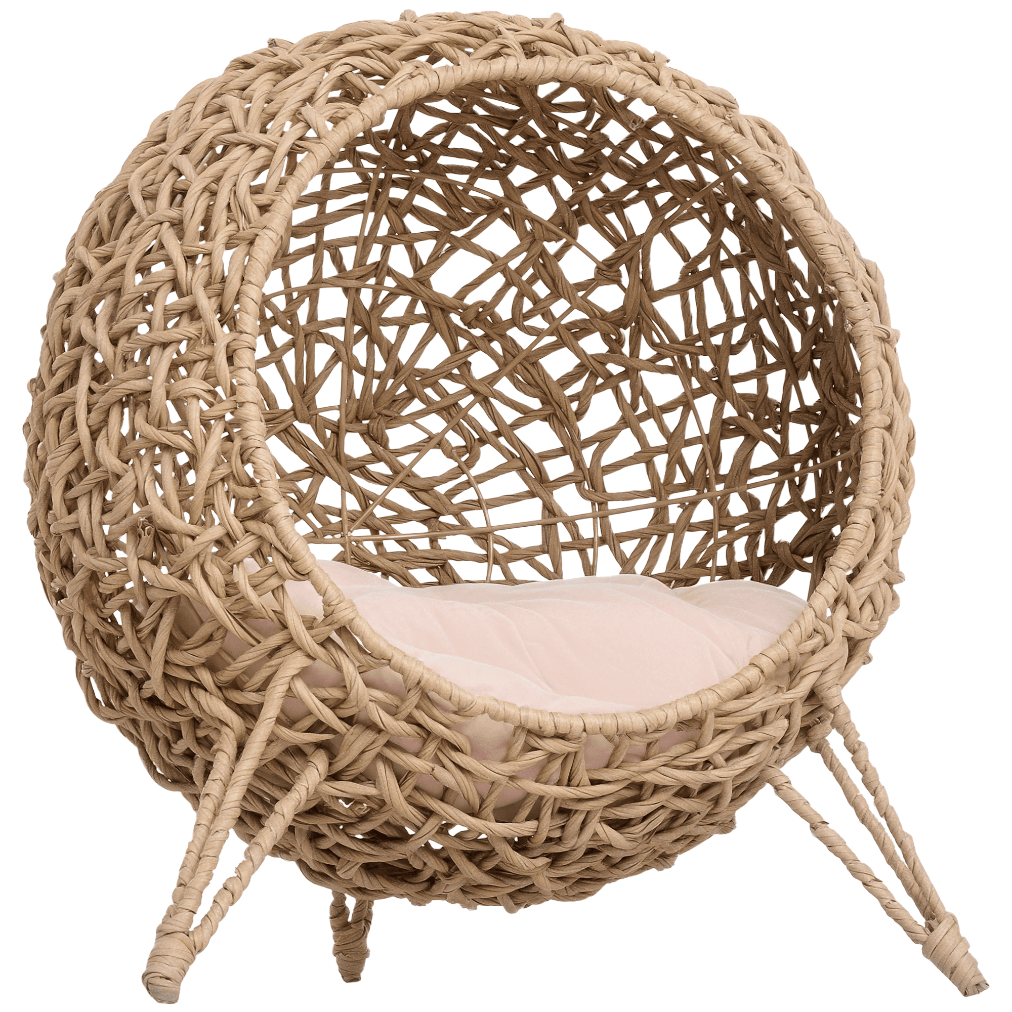 PawHut Panier Chat Lit Chat Grand Confort Base de Trépied Coussin Moelleux Fourni Résine Tressée Imitation Rotin Ø 52 x 58 cm Bois Naturel