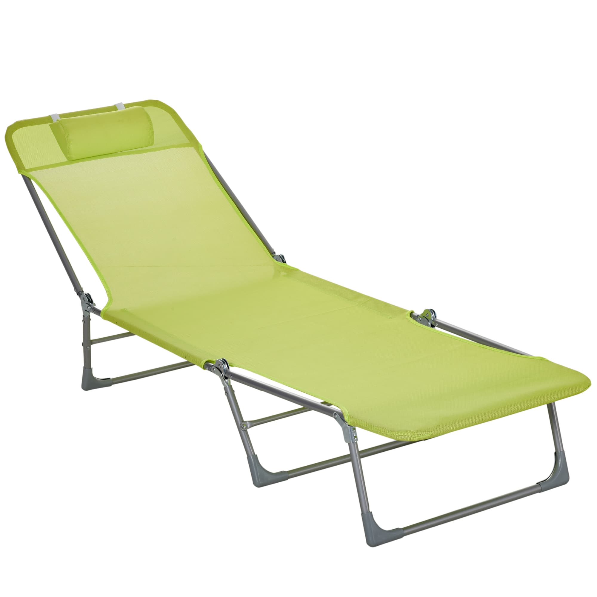 Outsunny Bain de soleil transat chaise longue inclinable pliable avec oreiller dossier réglable sur 5 niveaux vert