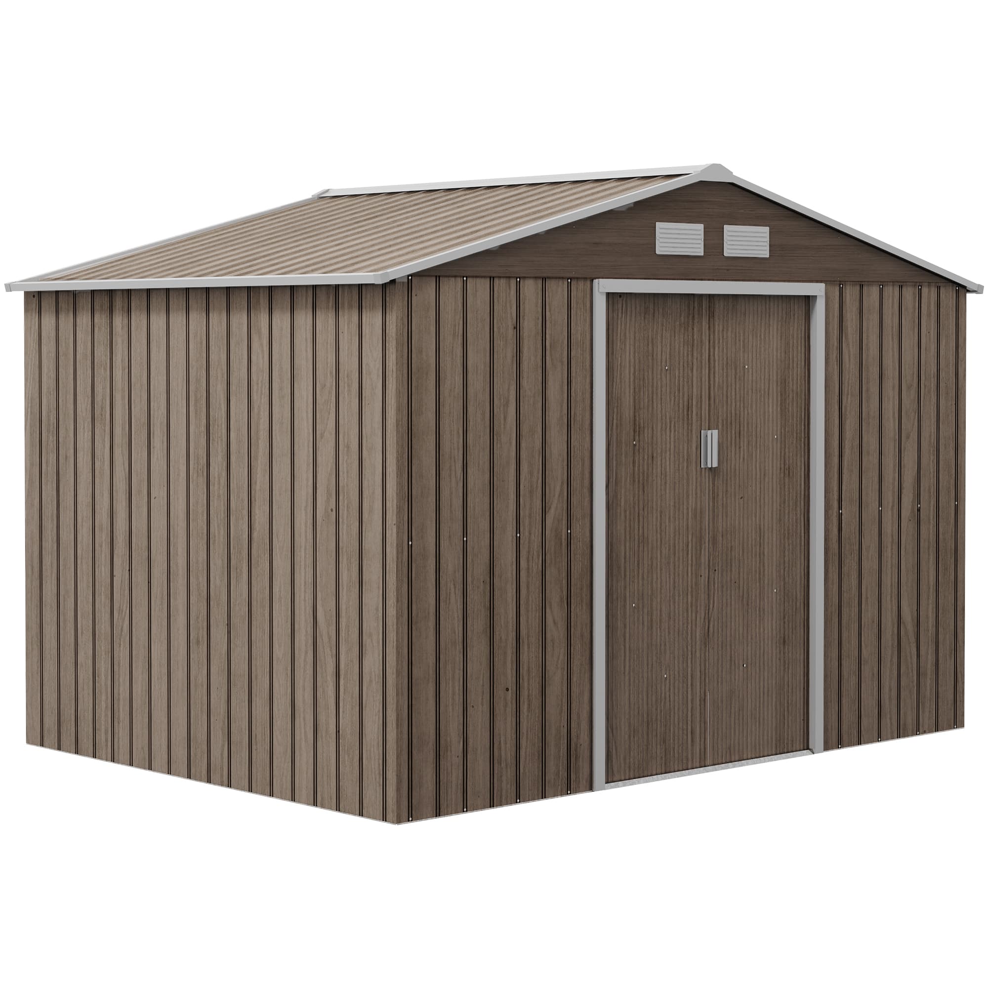 Outsunny Abri de jardin 5,4 m2 2,77 x 1,95 x 1,92 m fondation incluse porte coulissante ventilations tôle acier, marron clair