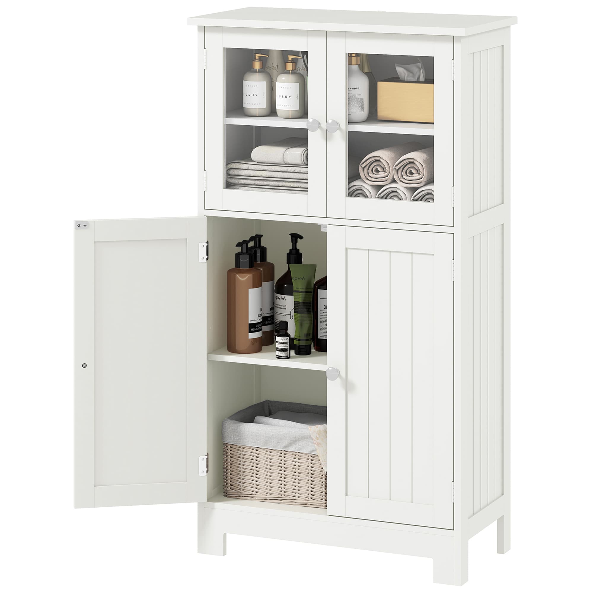 kleankin Meuble de salle de bain avec étagère réglable et portes en verre trempé, 60 x 30 x 108,5 cm, blanc