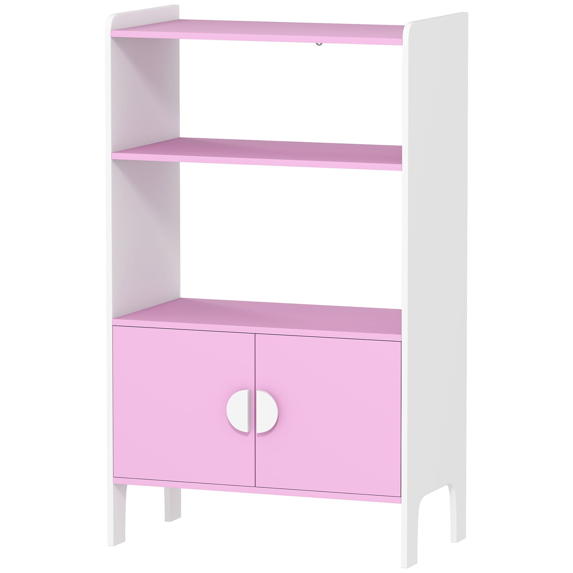 AIYAPLAY Étagère à Livres pour Enfants, 2 Étagères, 2 Armoires, Autoportante, Design Anti-Basculement, Pieds Antidérapants, MDF, Rose+Blanc