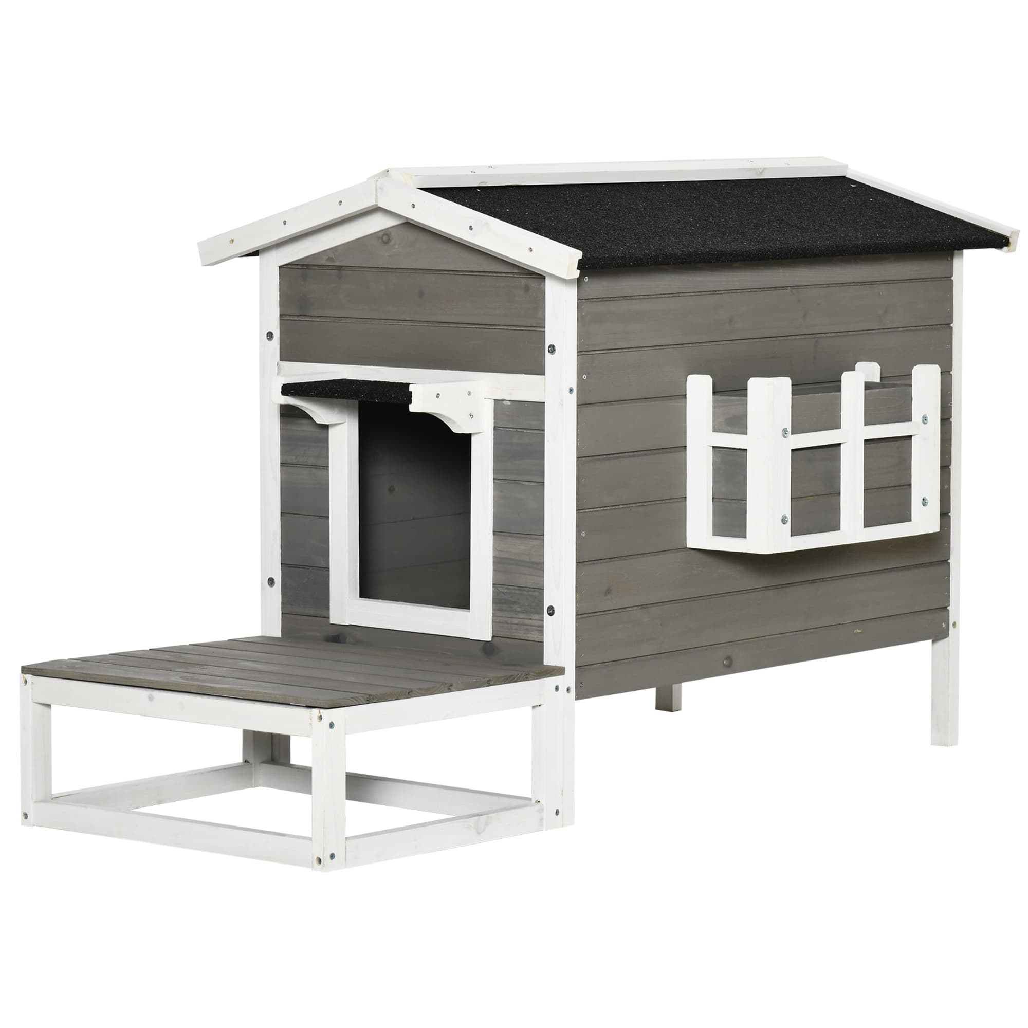 PawHut Maisonnette pour chats niche extérieure surélevé avec terrasse étanche en bois, dim. 115L x 66,5P x 74,7H cm, gris