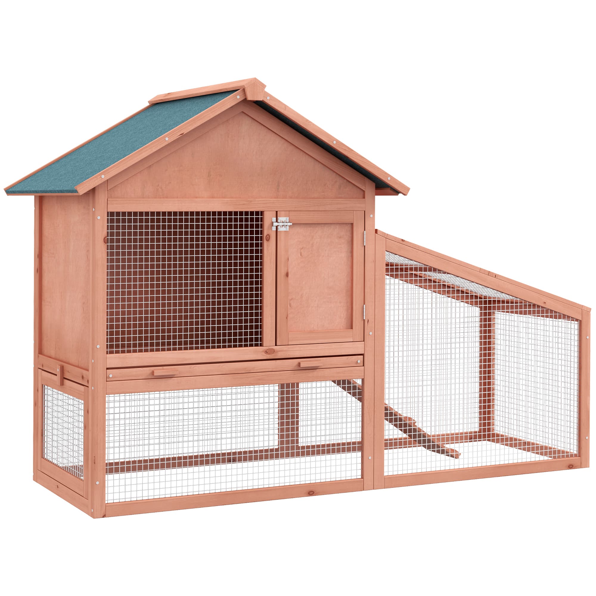 PawHut Enclos pour petits animaux avec toit en asphalte, zone extérieure, deux étages, bois de pin, naturel, 144 x 64,5 x 100 cm