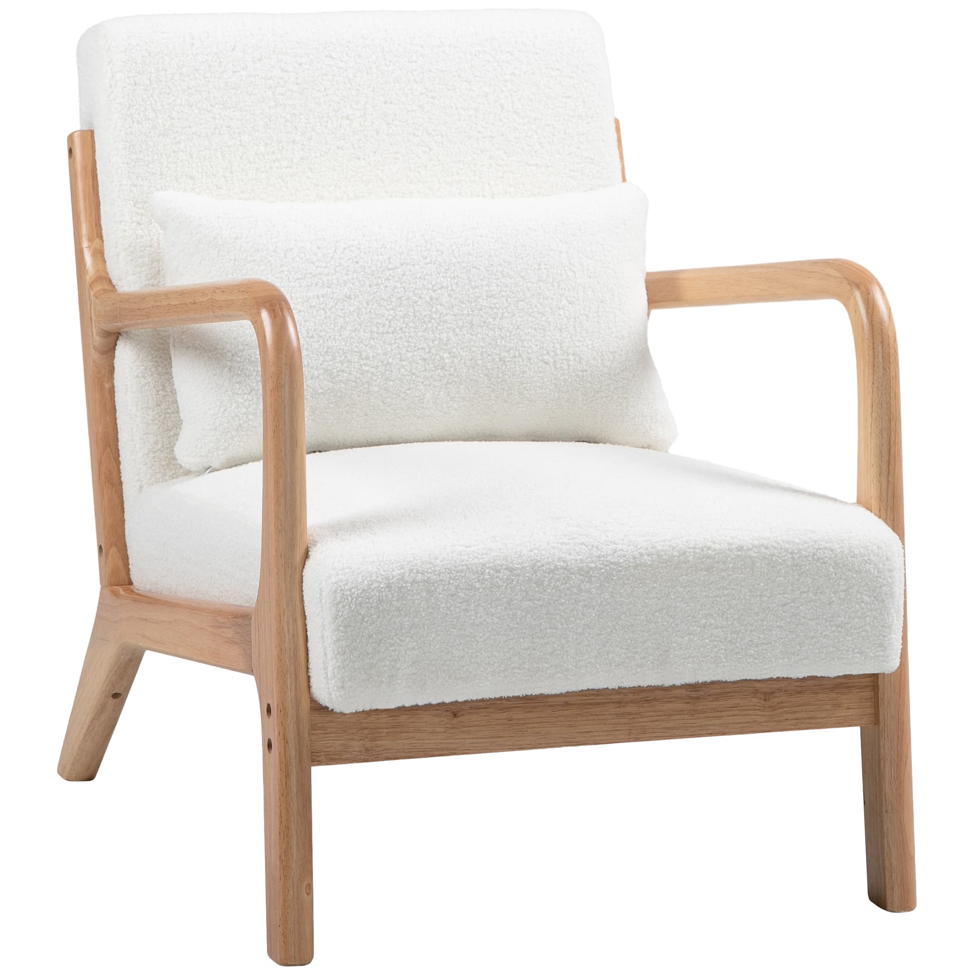 HOMCOM Fauteuil lounge - 3 coussins inclus - assise profonde - accoudoirs - structure bois hévéa - aspect velours crème