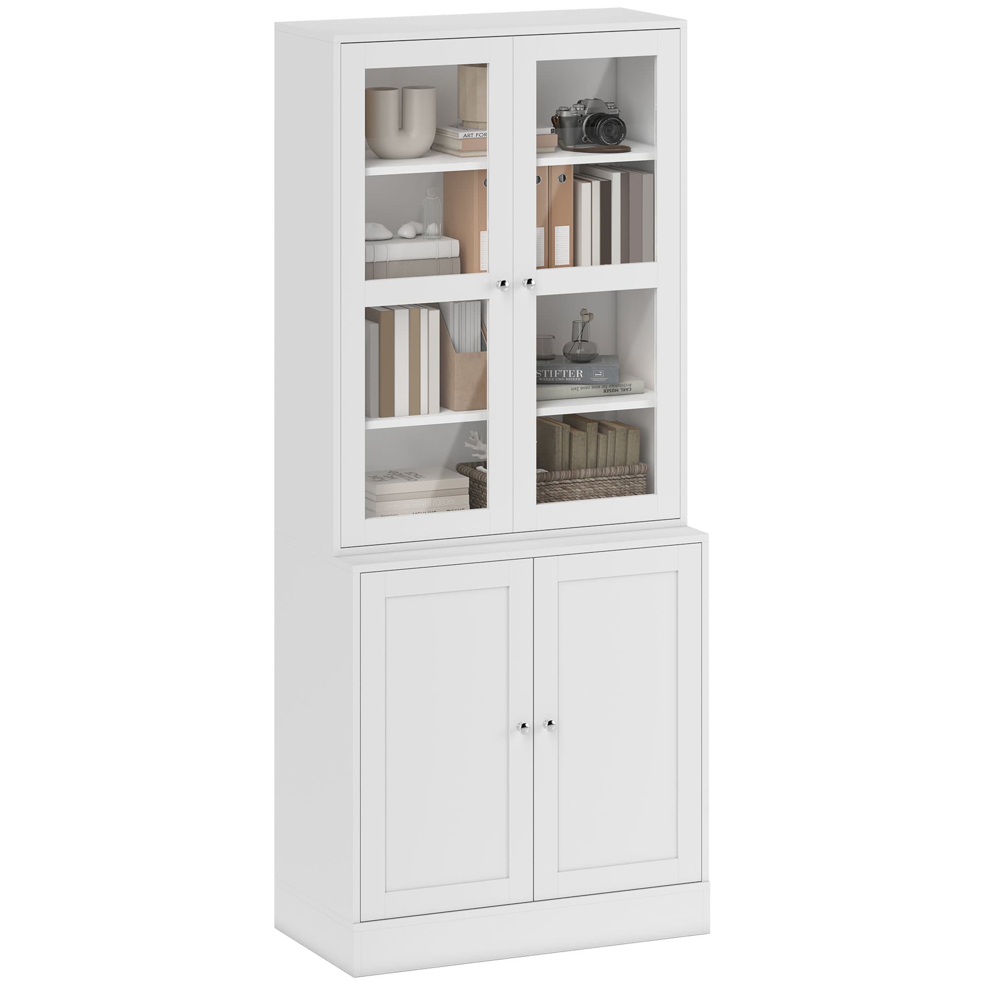 HOMCOM Bibliothèque vitrine multi-rangement - 2 portes verre, 2 portes bois, 4 étagères réglables - MDF blanc